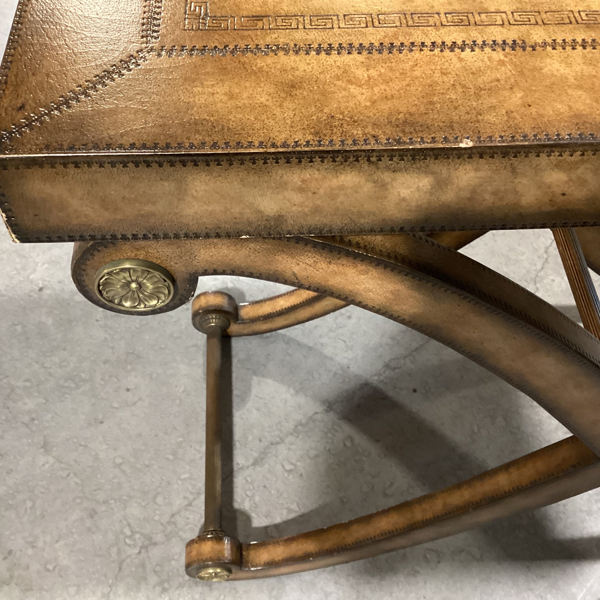 Kreiss Neoclassical Leather with Stitched Accent & X Base Antiqued Brass Stretches Console Sofa Table 40"x 18"x 32.5"