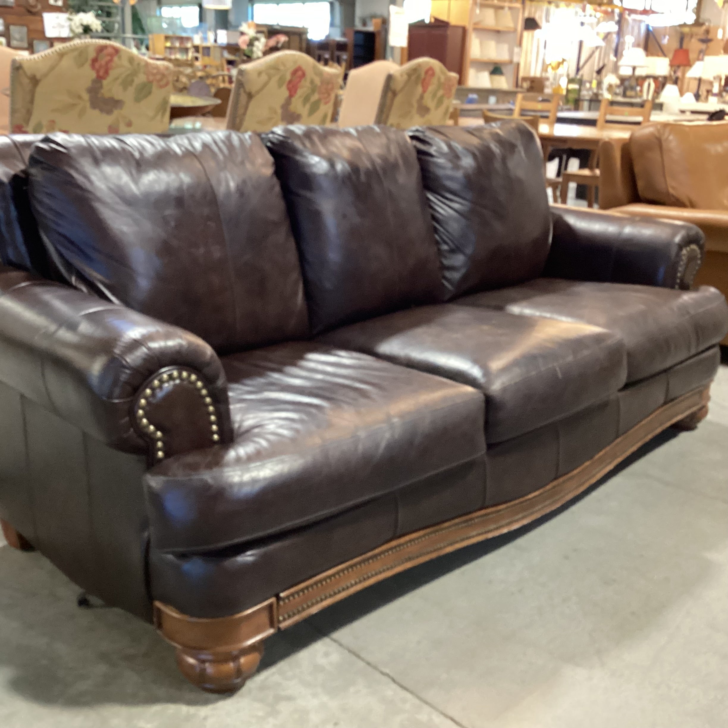 Bonded Leather Nailhead with Detailed Wood Base Sofa 88"x 34"x 35"