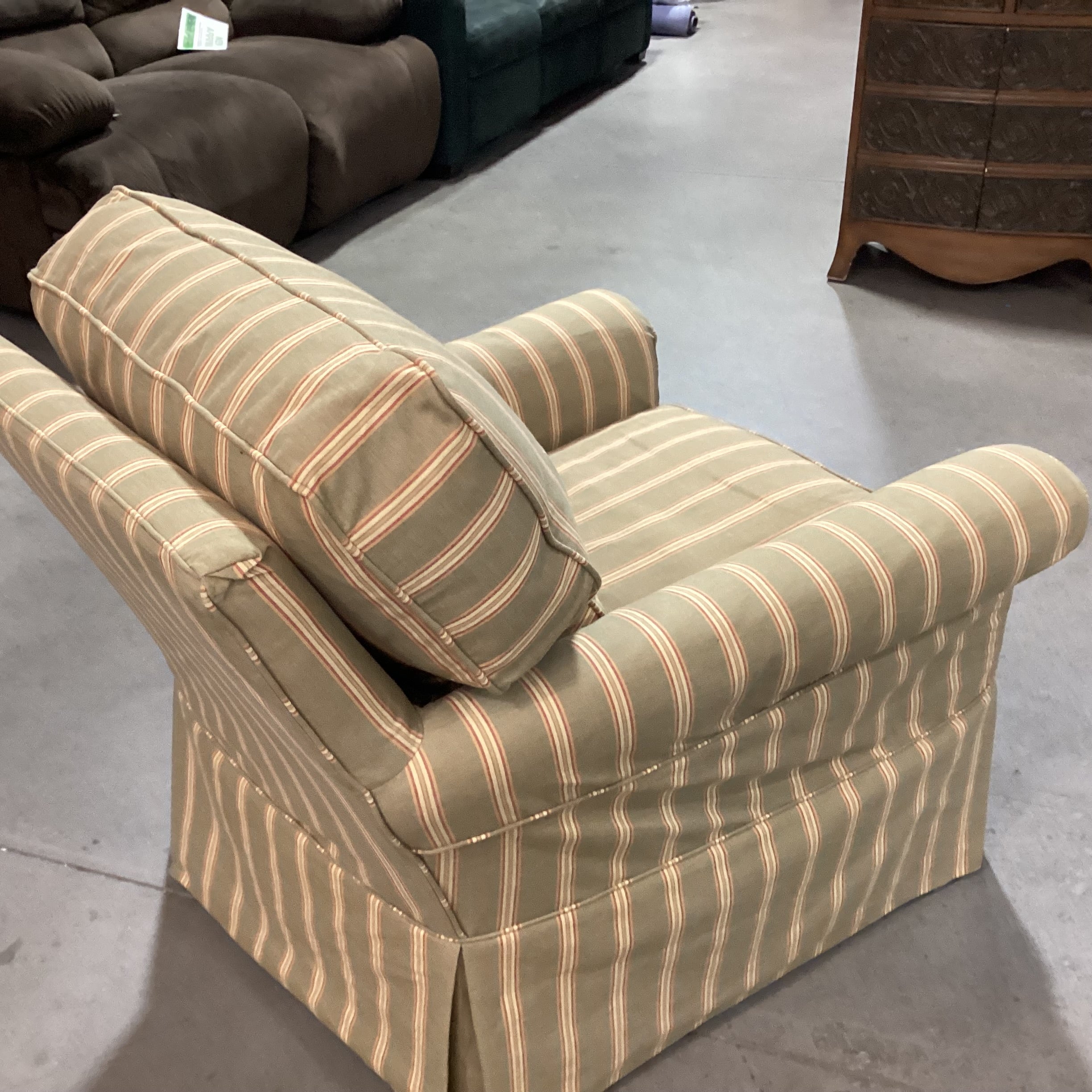 Crate & Barrel Lee Industries Sage with Gold Red Stripe Slipcovered Chair 33"x 36"x 32"