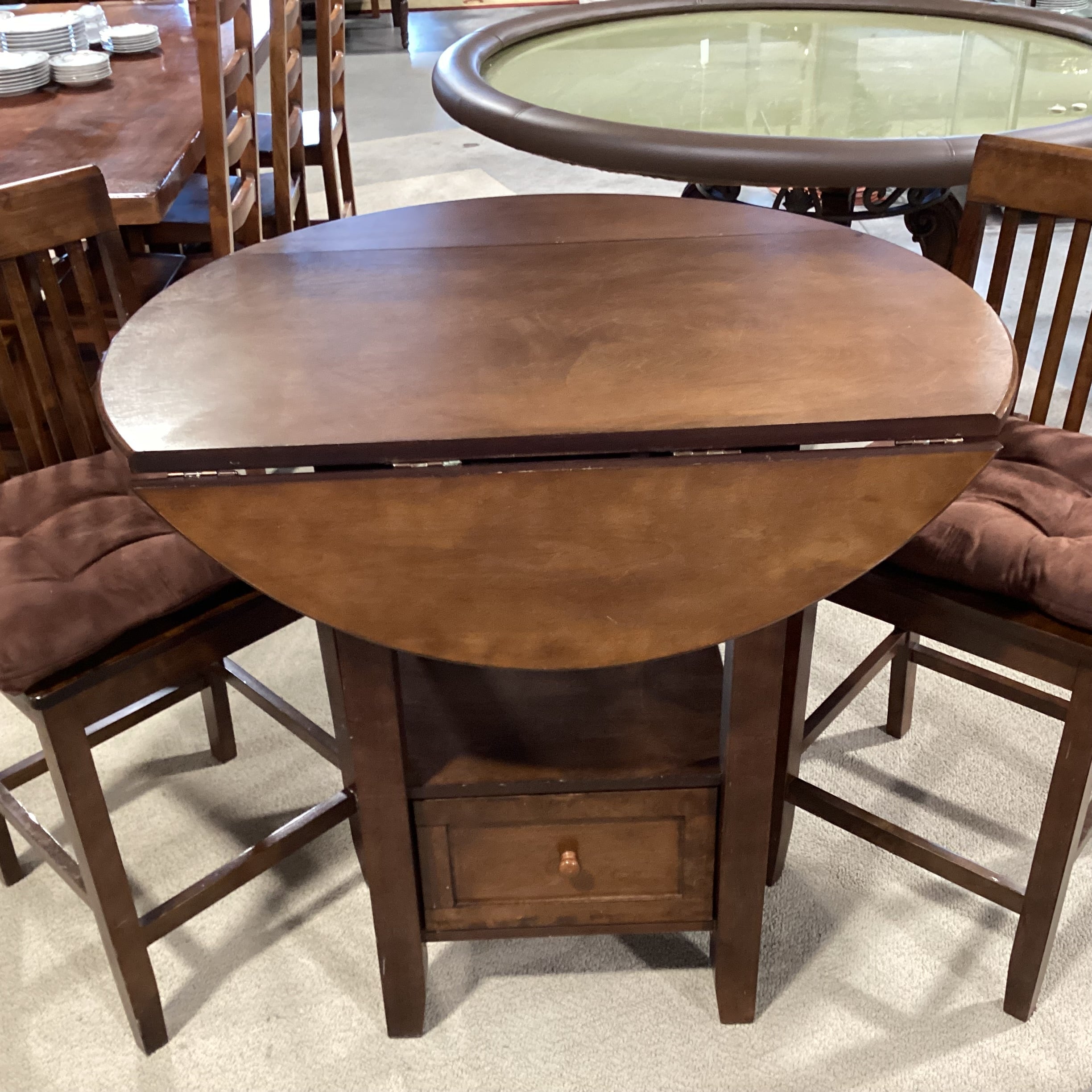 Finished Wood Round with Drop Sides & 1 Drawer Pub Height Table with 2 Barstools Dining Set 40" Diameter x 36"