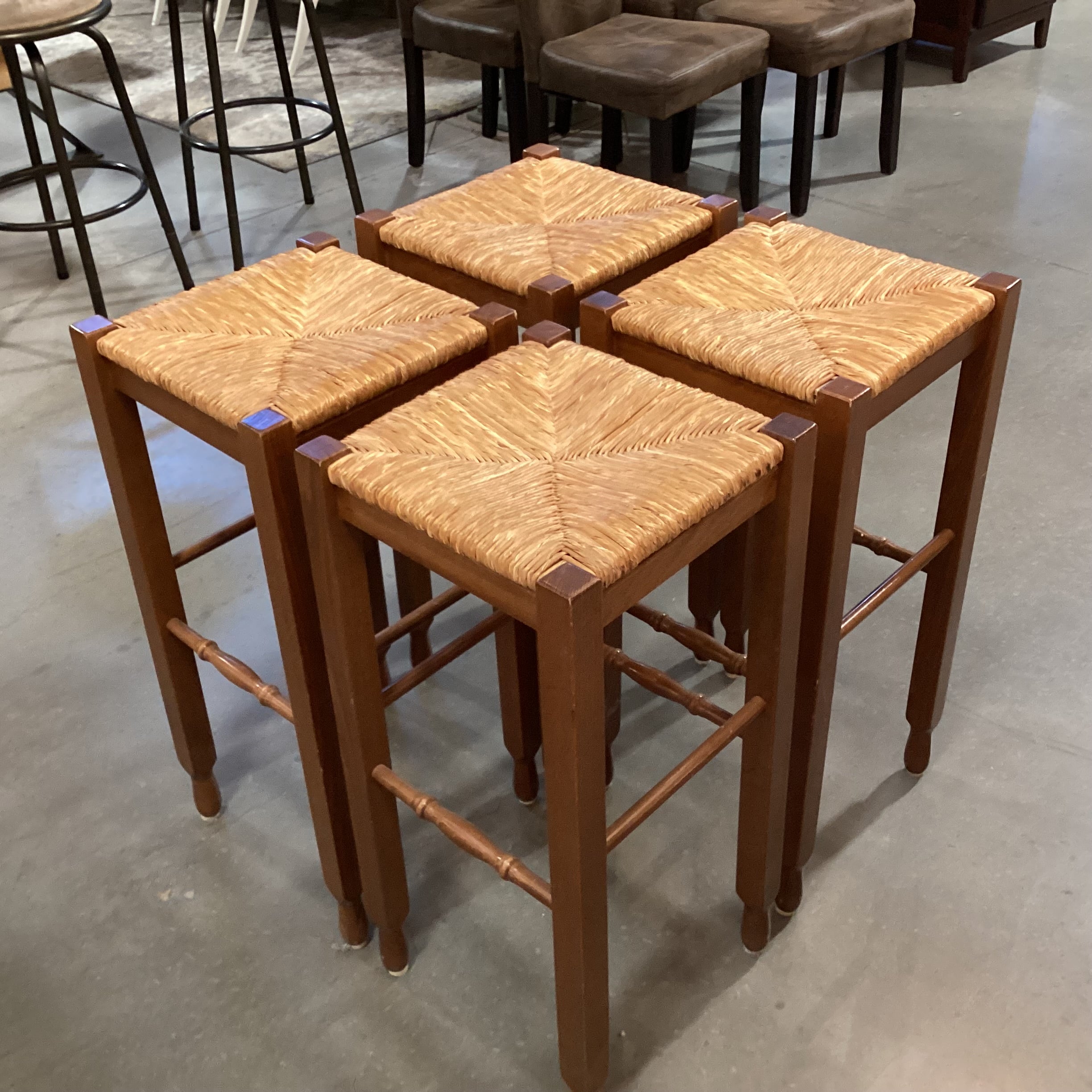 SET of 4 Carved Wood & Rush Seat Barstools 30"