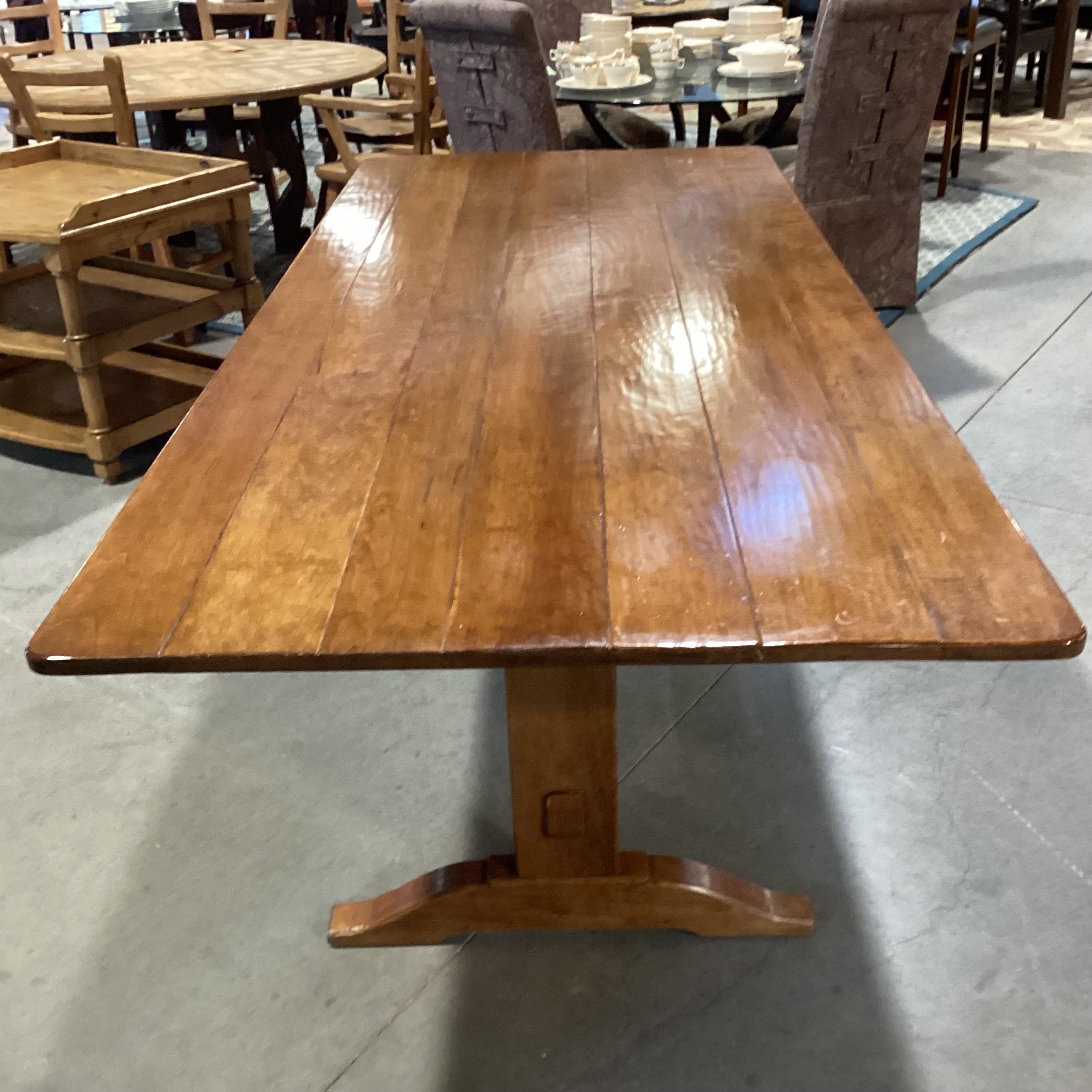 Distressed Finished Plank Top & Trestle  Base Dining Table 93"x 39.5"x 30"