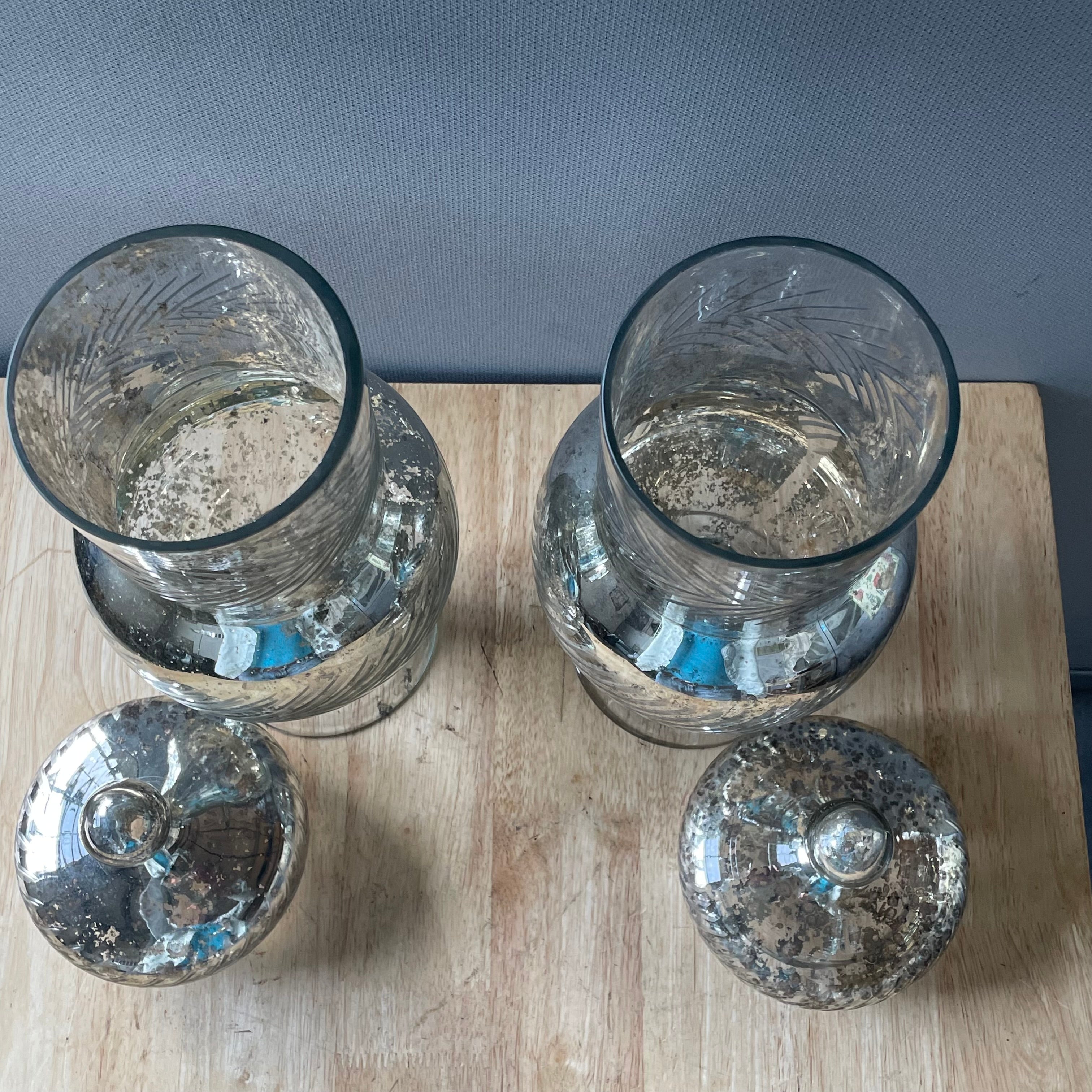 Set of 2 Decorative Etched Mercury Glass Apothecary Jars, 6"x 17" Each