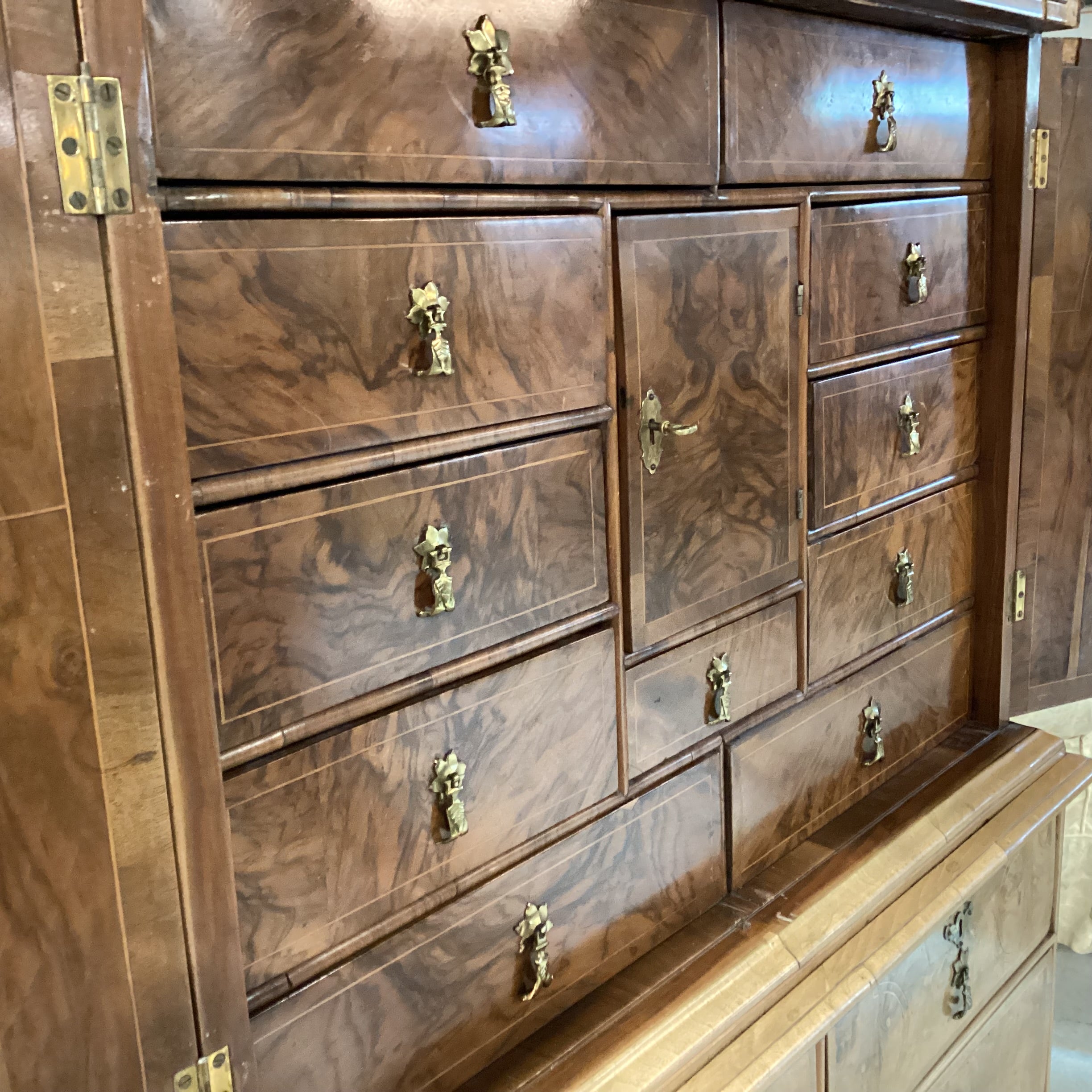 Antique English Burr Walnut Veneer Inlay & Brass Ornate Pulls 18 Drawer 2 Door 2 Piece Cabinet Chest 41"x 18"x 66"