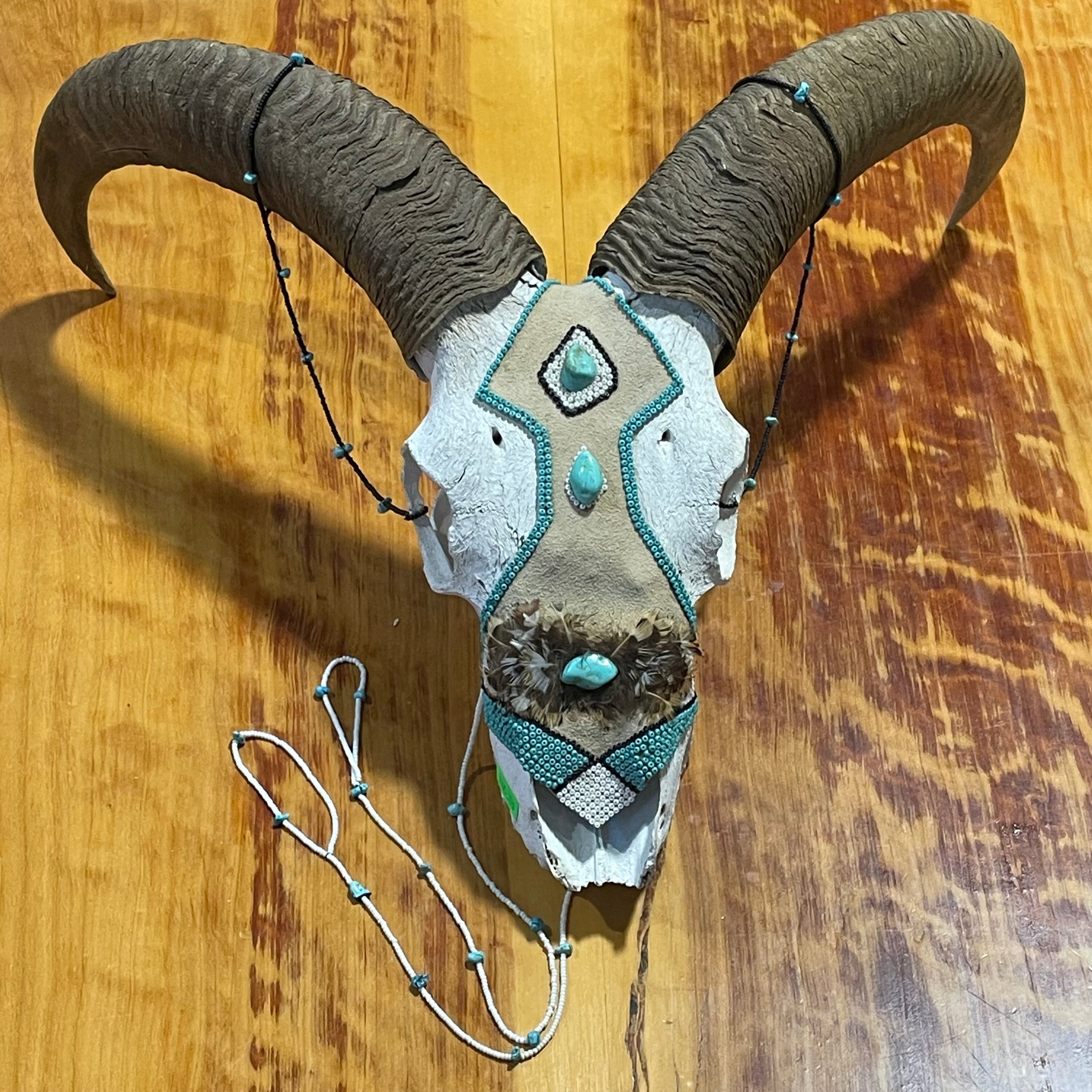 Southwestern Style Beaded, Turquoise Stones & Feathers Ram Skull, 16.75"x 13.5"x 7"