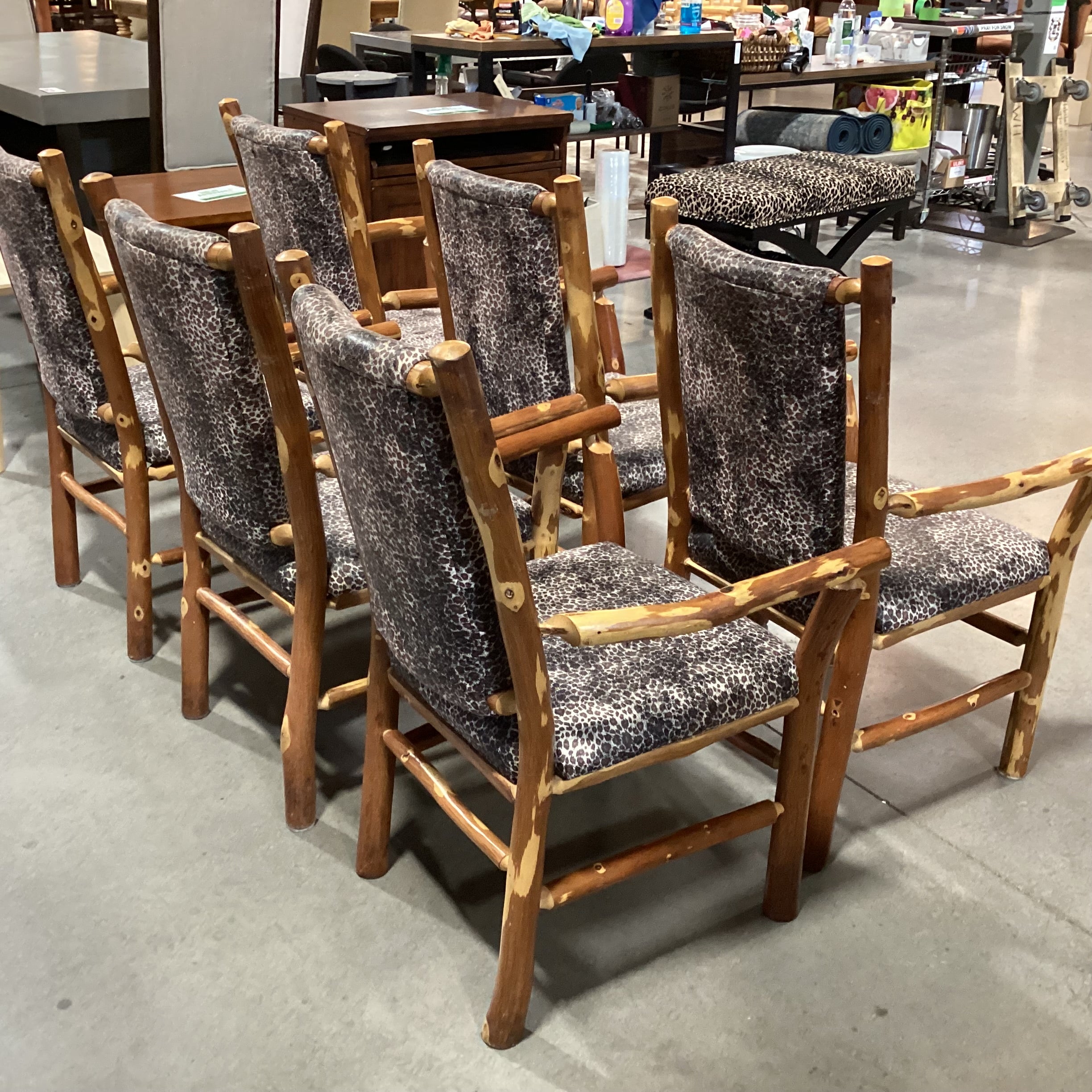 SET of 6 Peeled Style Log & Animal Print Armed Dining Chairs 24"x 24"x 39"