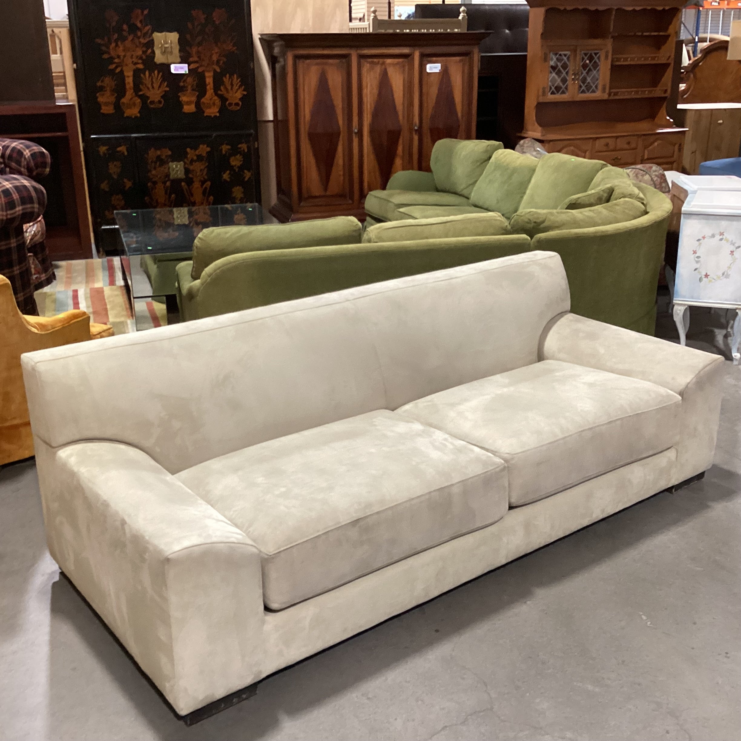 Custom Beige Ultra Suede Low Profile Modern Sofa 87"x 37"x 29.5"