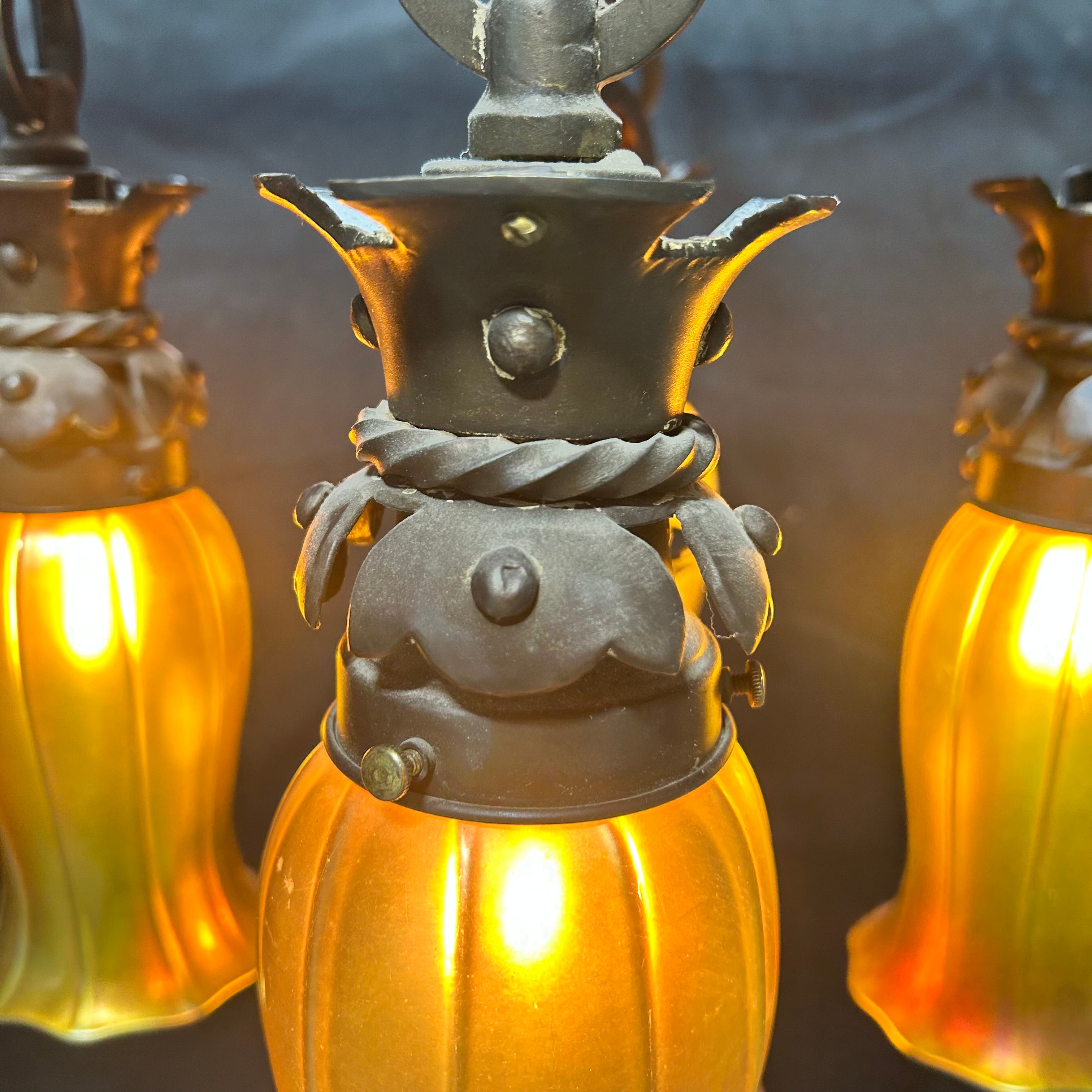 Caldwell Lighting Circa 1905 Cast Iron With 4 Steuben & 1 Quezal Iridescent Glass Shades Flush Mount 15"x 12.5"ades
