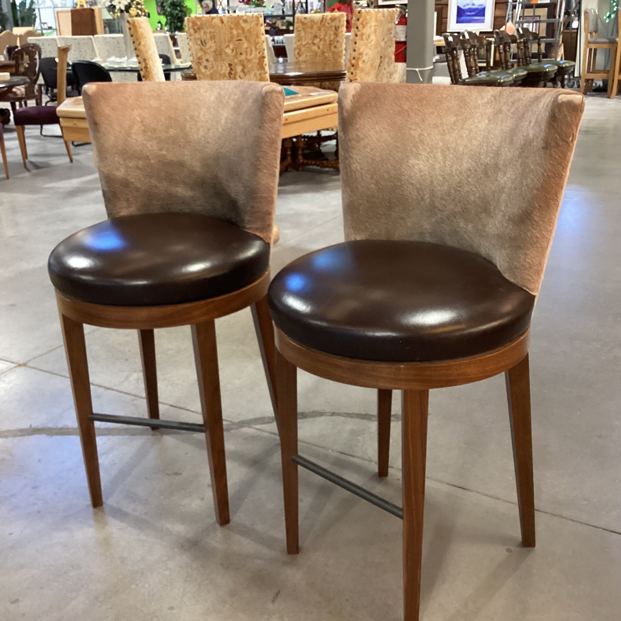 SET of 2 Carved Wood Cowhide & Leather Swivel Barstools 27"