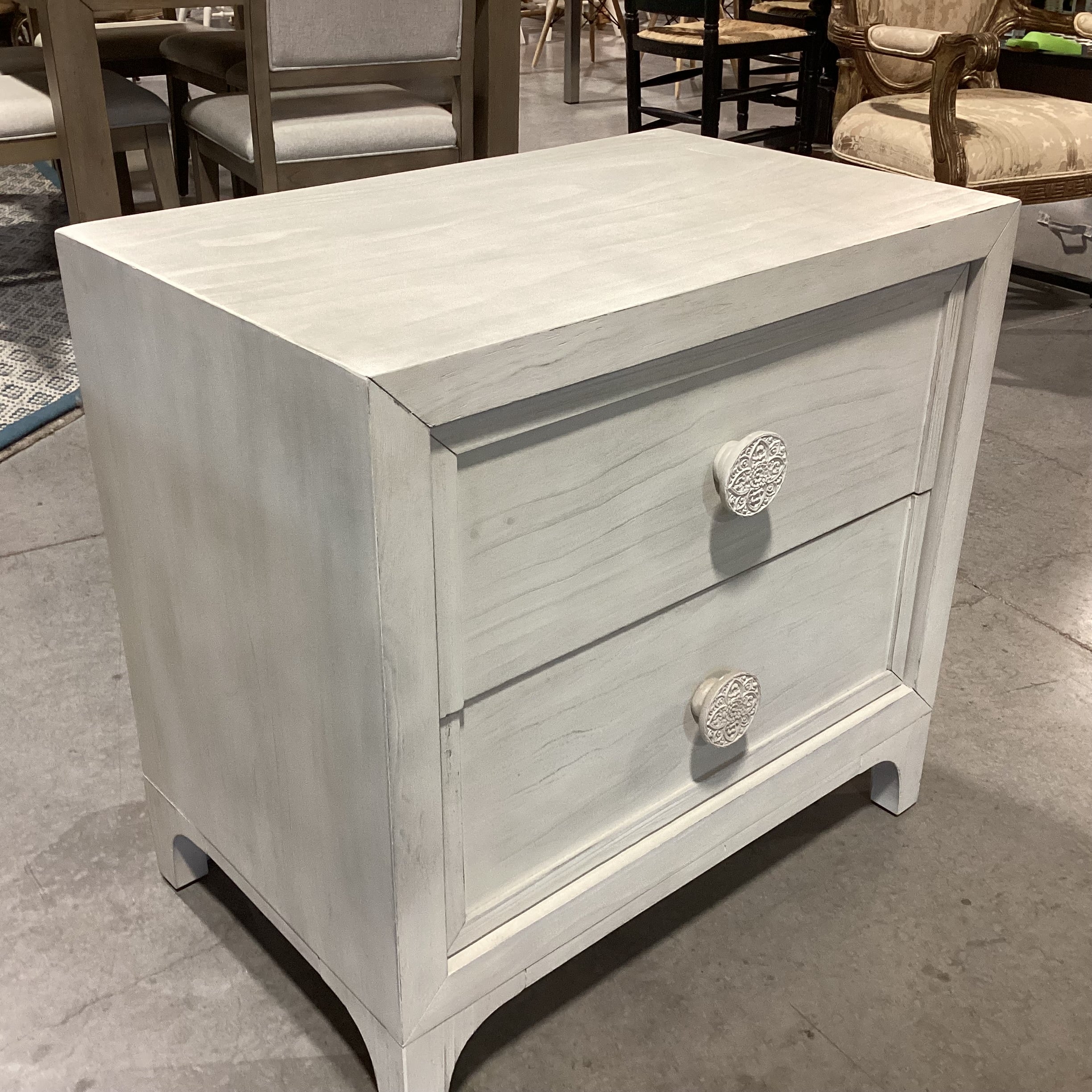 Bohemia White Washed Wood with Carved Mandala Pulls 2 Drawer Nightstand 28"x 18"x 27"