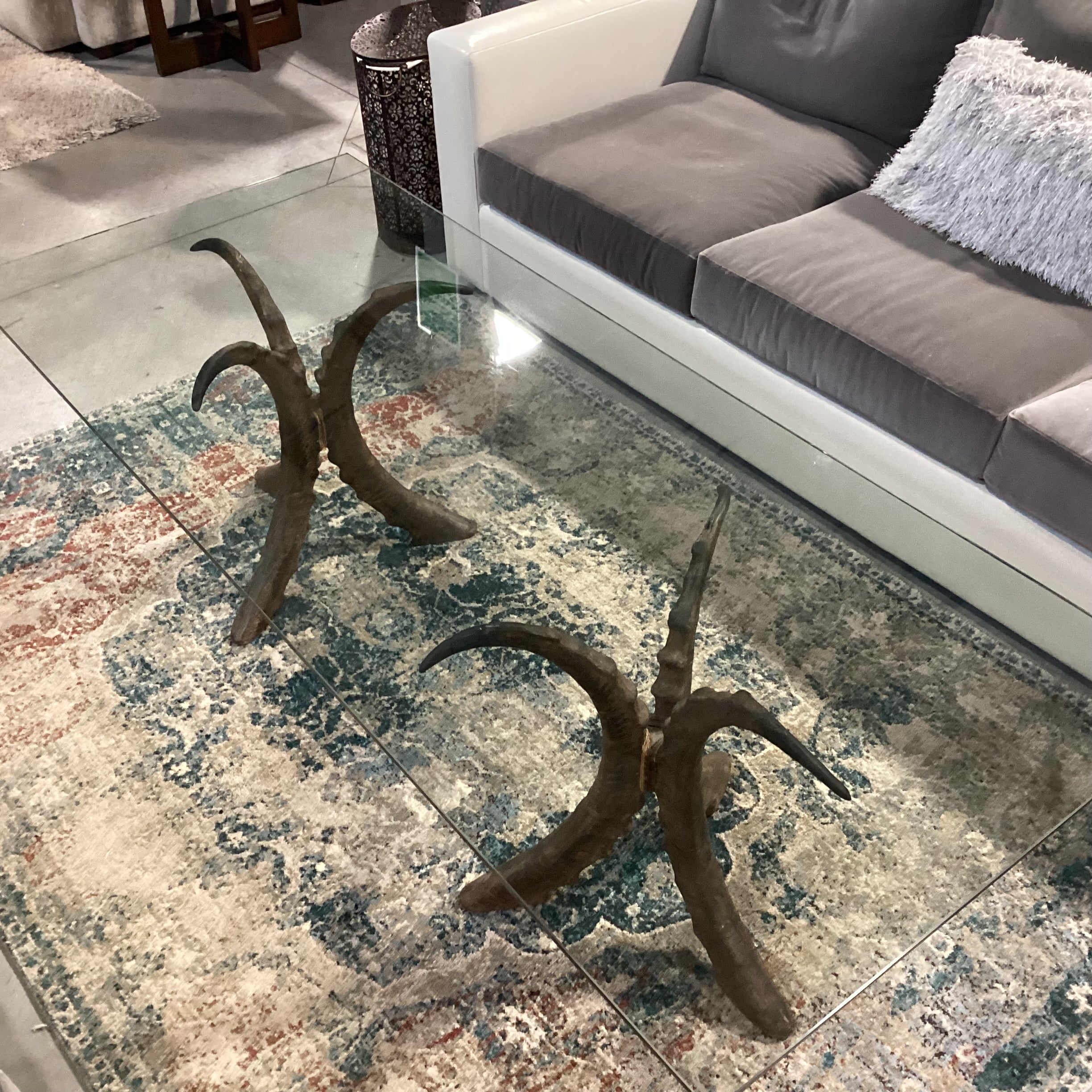 Carved Wood Tri Horn Pedestals with Glass Top Coffee Table 72"x 30"x 23"