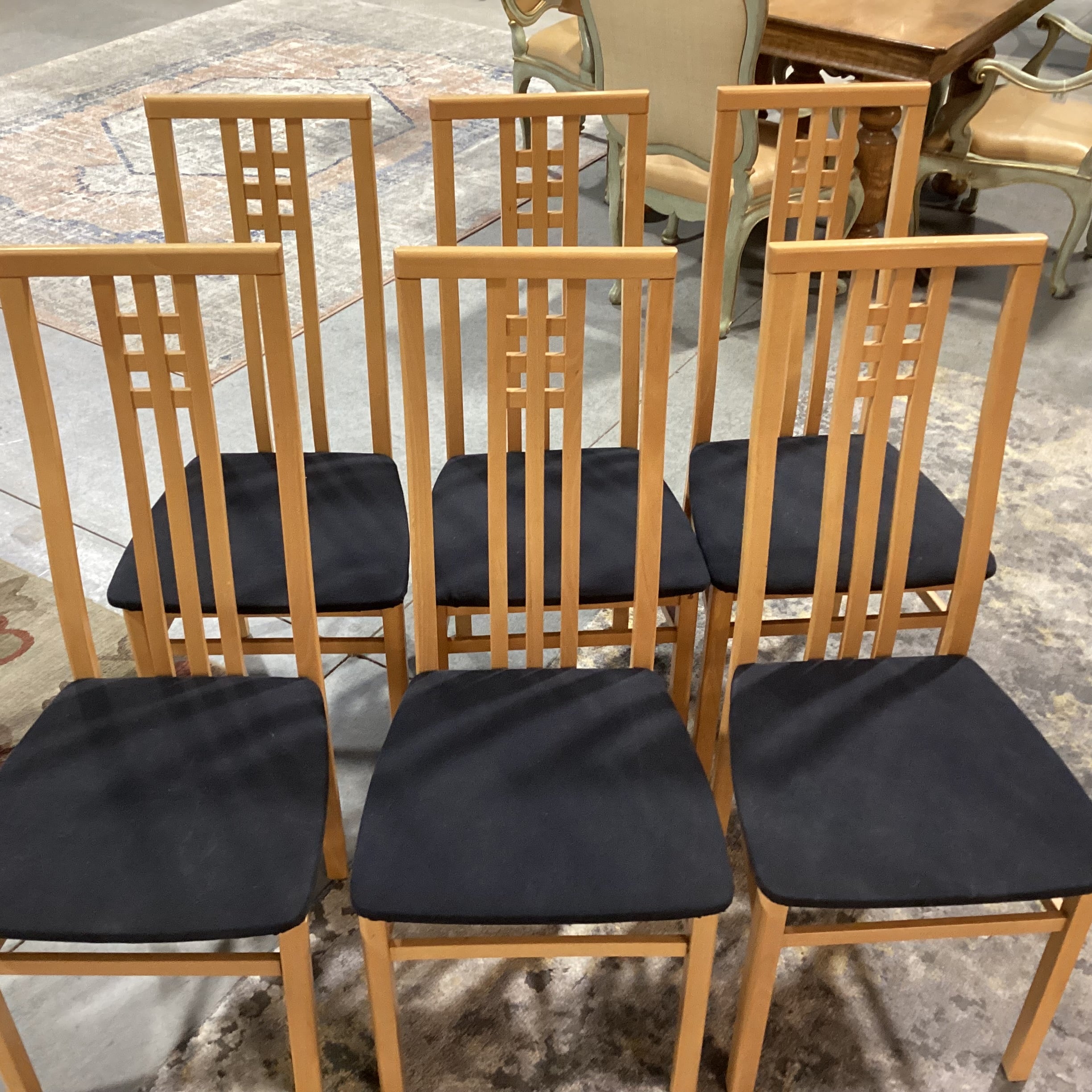 SET of 6 IMS SRL Made in Italy Arts & Crafts Style Italian Teak & Black Canvas Dining Chairs 18"x 21"x 42"
