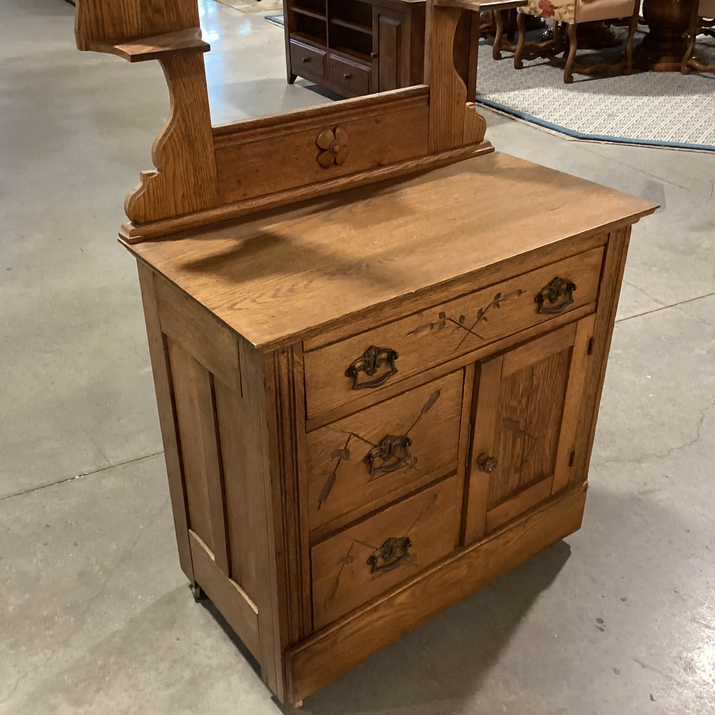 Antique Carved Oak 3 Drawer 1 Door with Towel Rack on Casters Dry Sink Chest 32"x 17"x 56.5"
