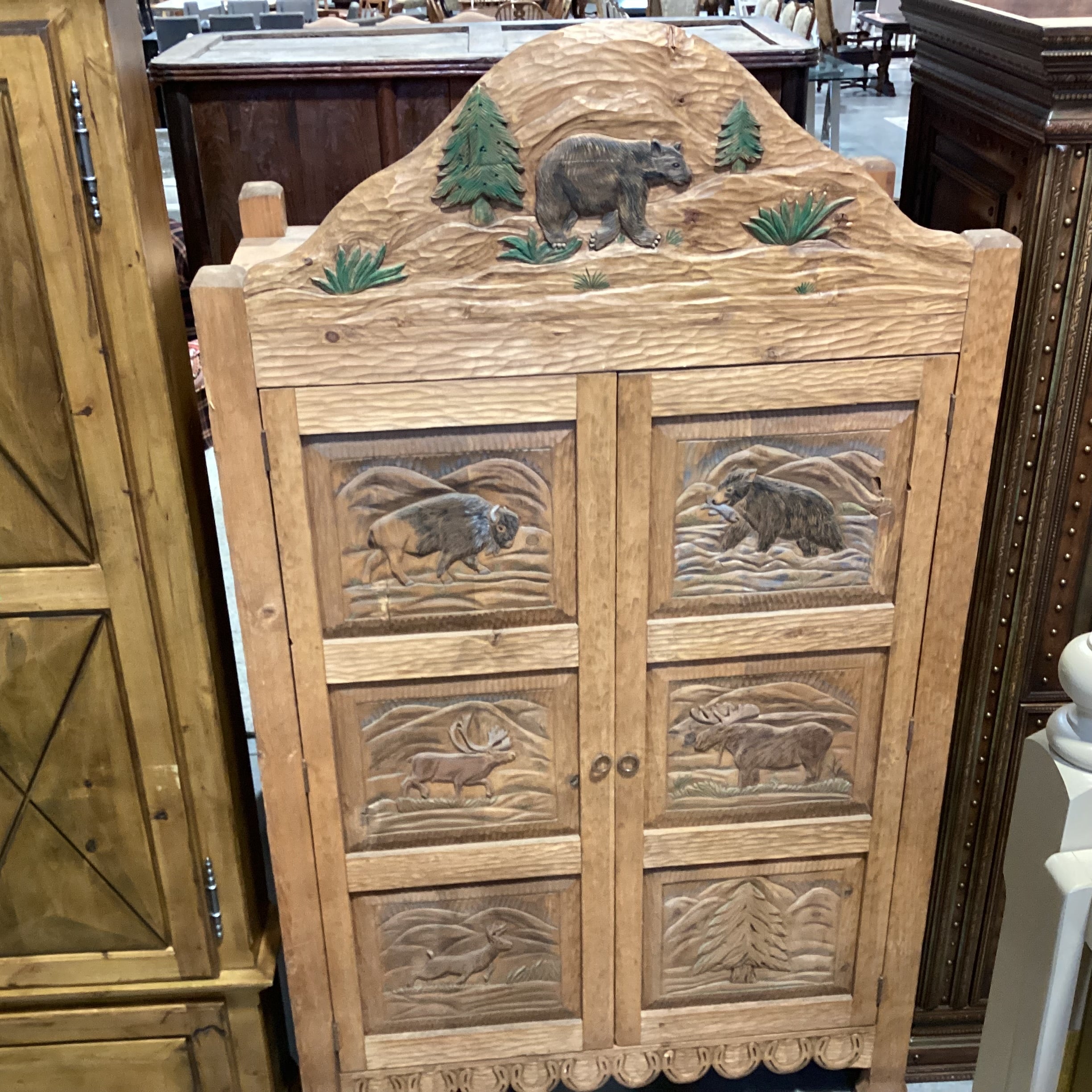 Rustic Hand Carved Bear Moose Elk Buffalo 2 Door with Shelves Armoire 48"x 26"x 84"