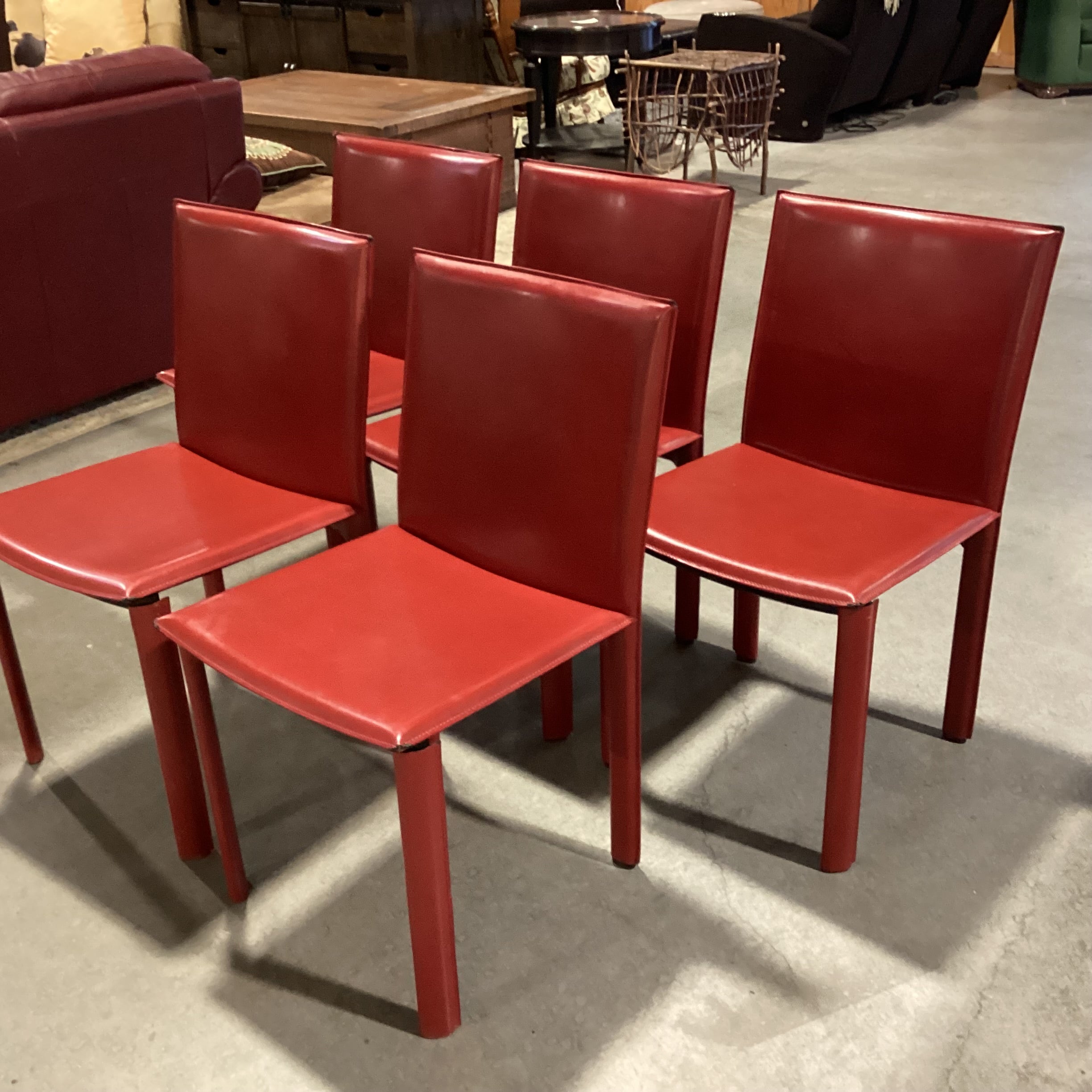 SET of 5 Maria Yee Red Leather Dining Chairs 18.5"x 18.5"x 33.5"