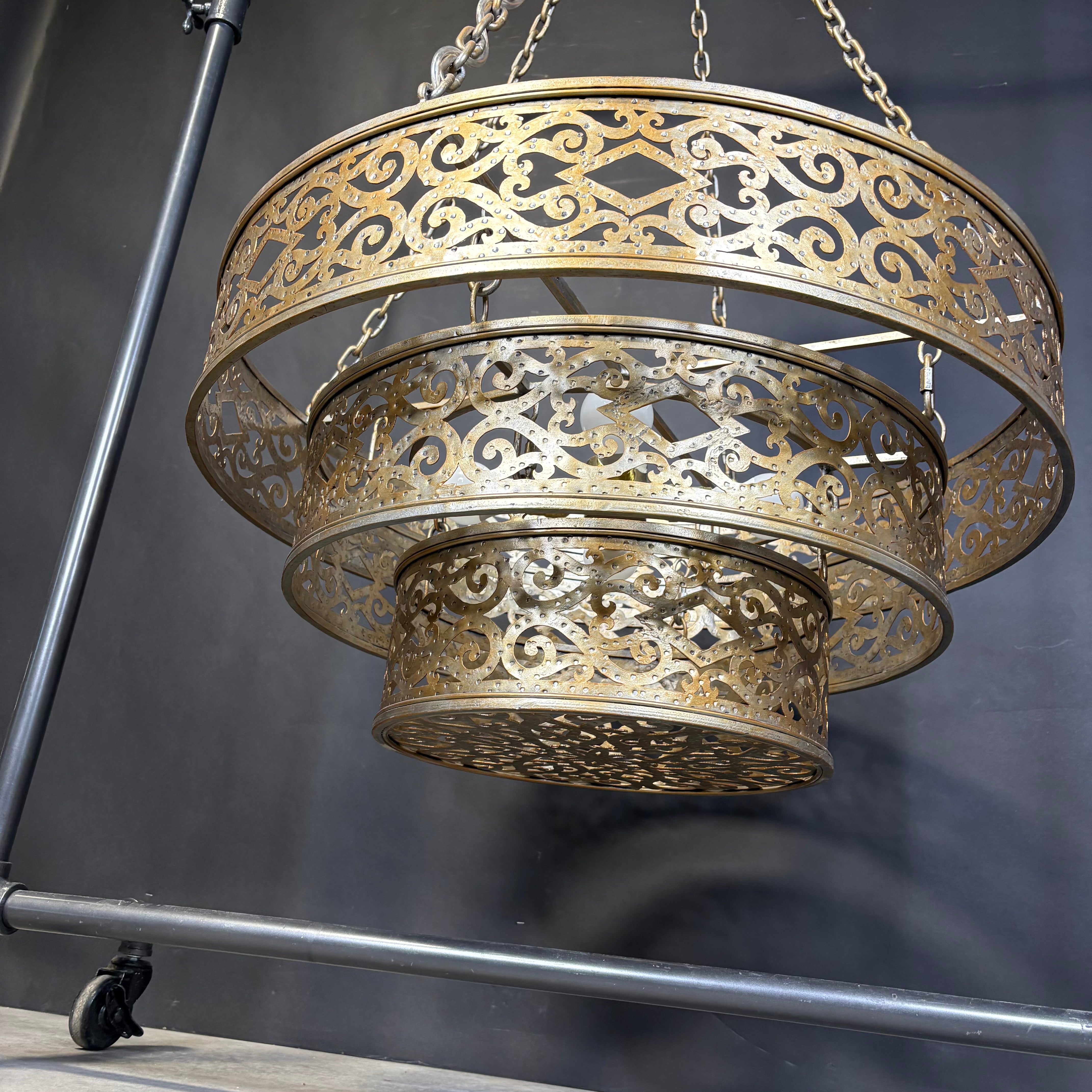 Horchow Moroccan Style 4-Light Tiered Gold Painted Ornate Pierced Metal Chandelier 30” Diameter x 45”