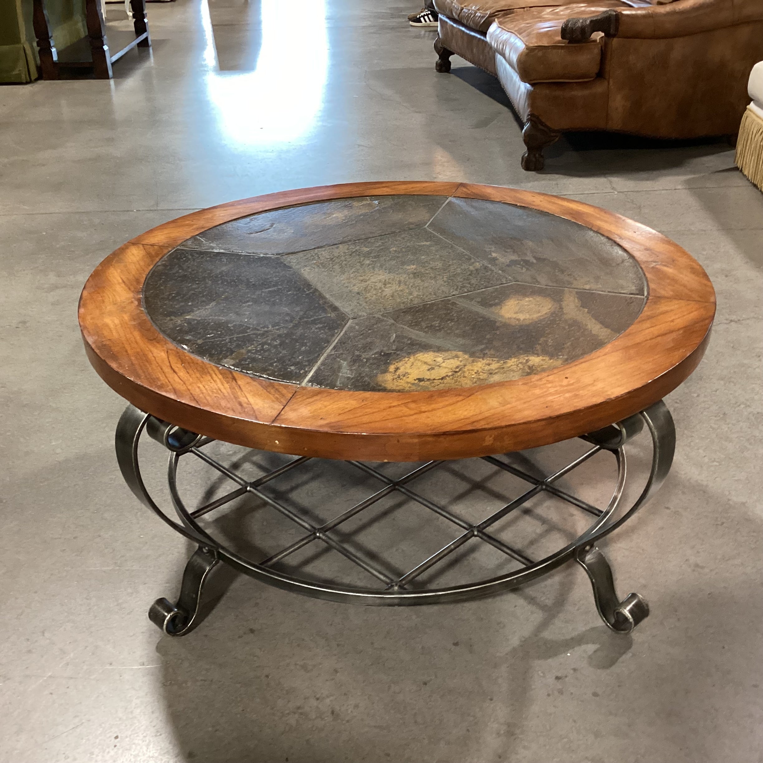 Round Wood Inset Slate Tile & Ornate Metal Base Coffee Table 42" Diameter x 20"