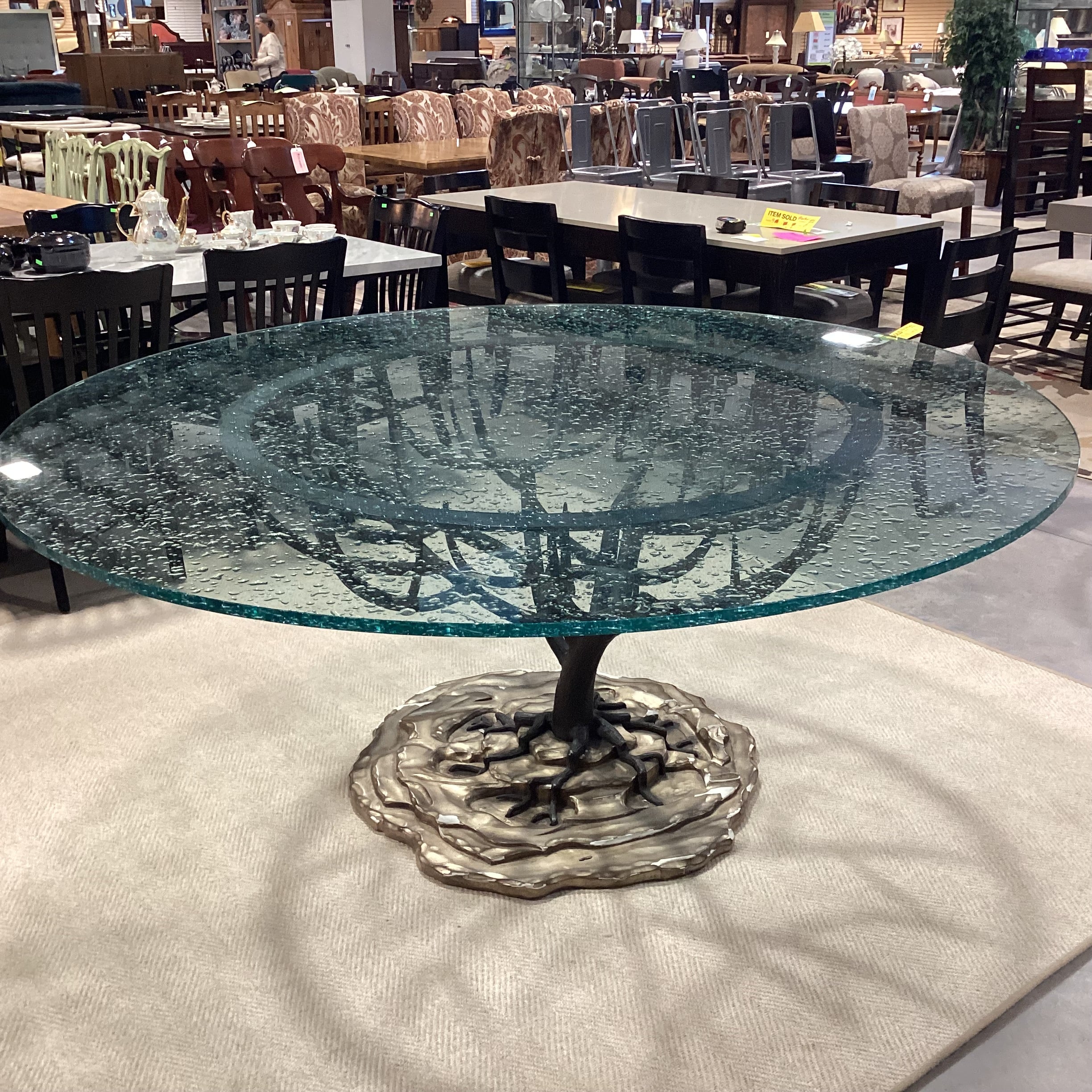 Custom Iron Tree Base with Round Bubbled Glass Dining Table 72" Diameter x 31"