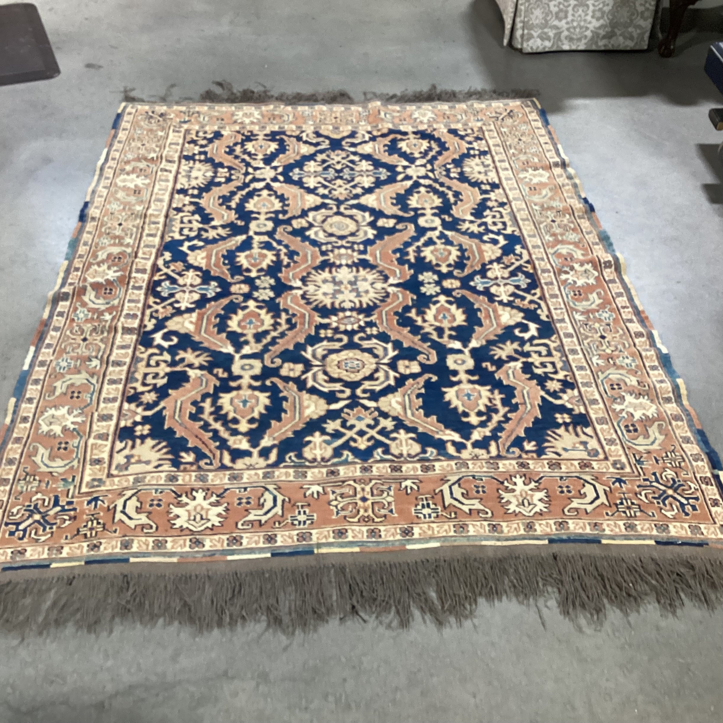 Vintage Antique Terracotta & Blue Hand Woven Wool Rug 4'9"x 7'