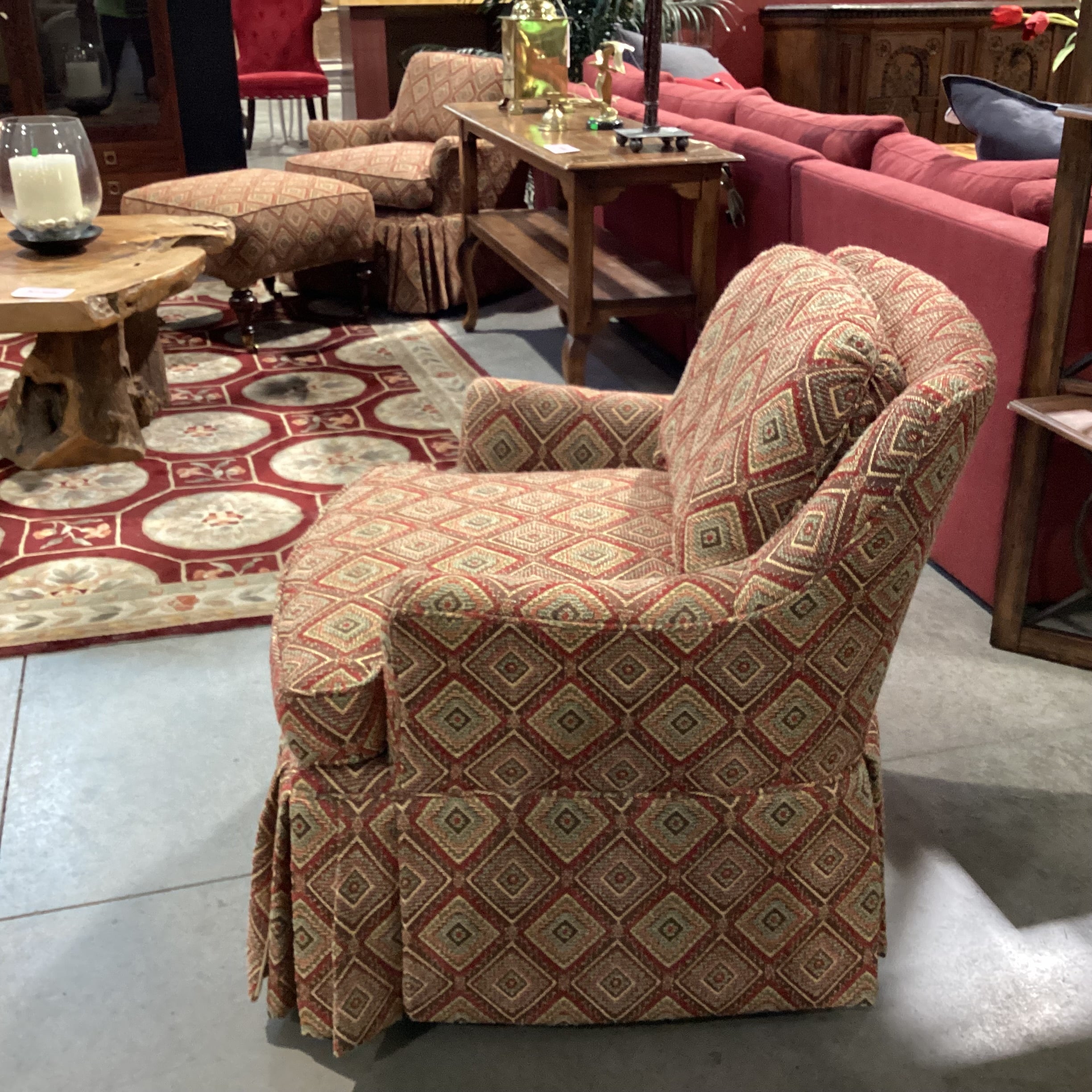 Dindy Foster Interiors Brown Gold Red Sage Diamond Pattern Woven with Tailored Skirt Chair 30"x 32"x 30"