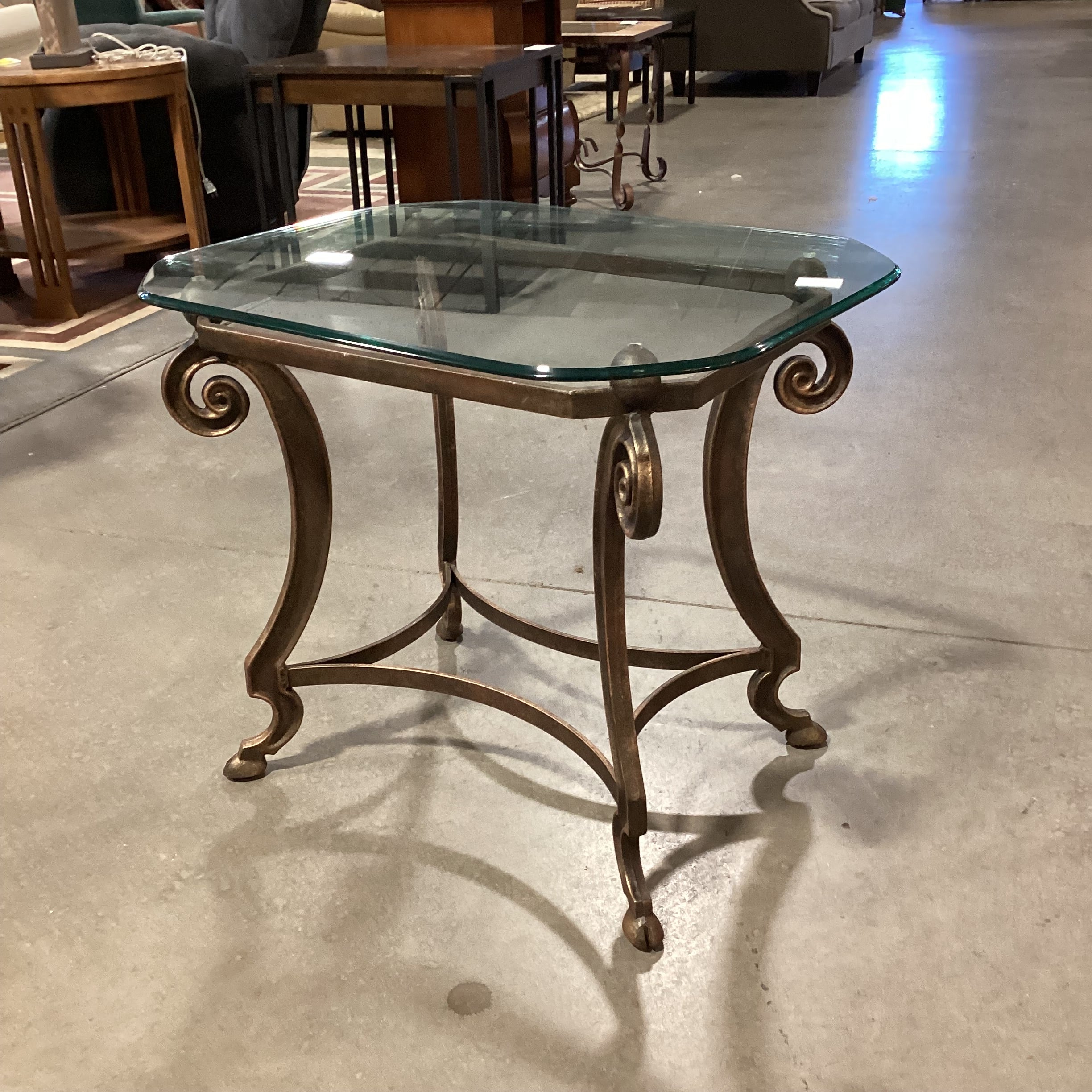 Ornate Iron with Gilded Finish and Glass Top End Table 28"x 22"x 24"