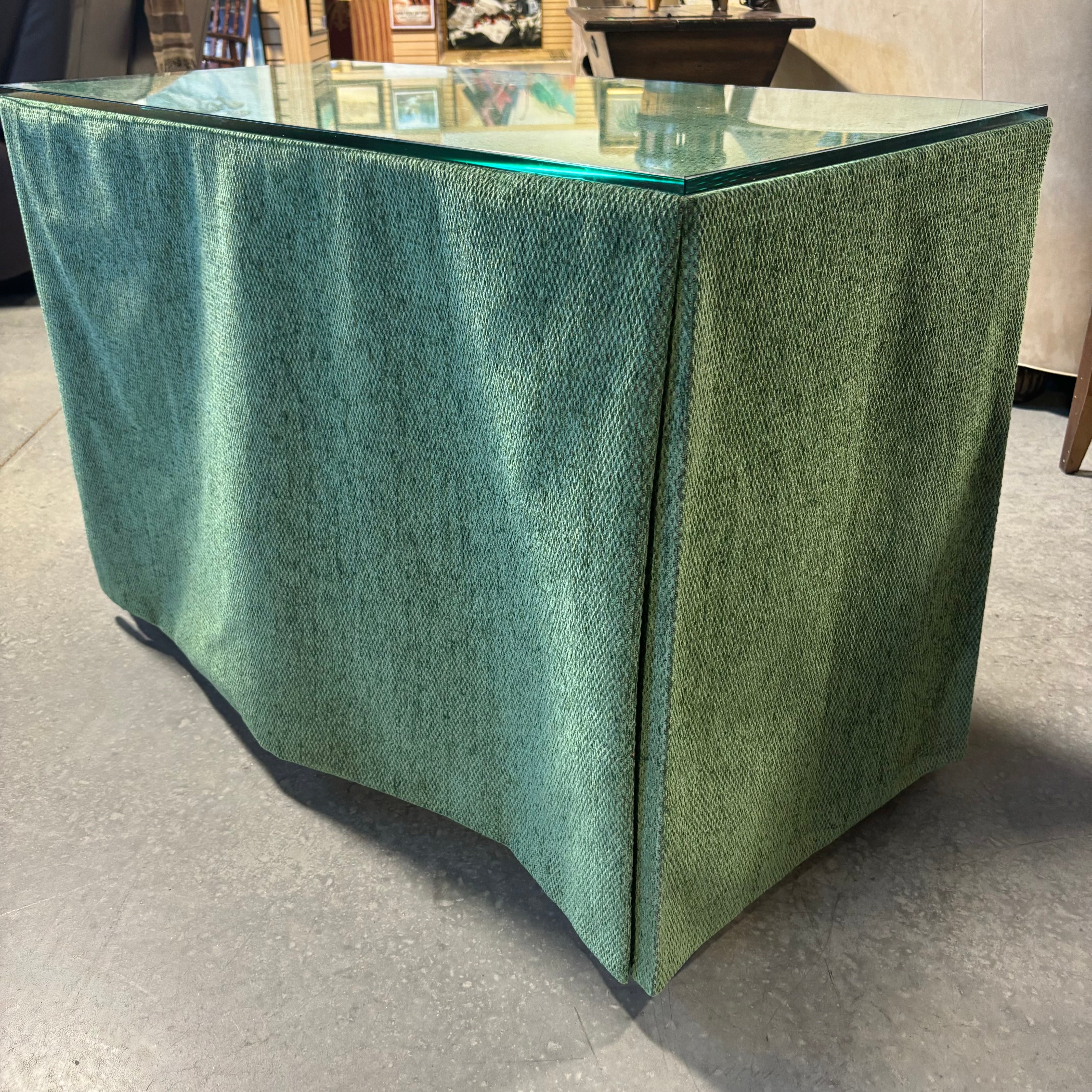 Custom Green Chenille Covered Natural Wood with Glass Top Accent Table 42"x 20"x 29"