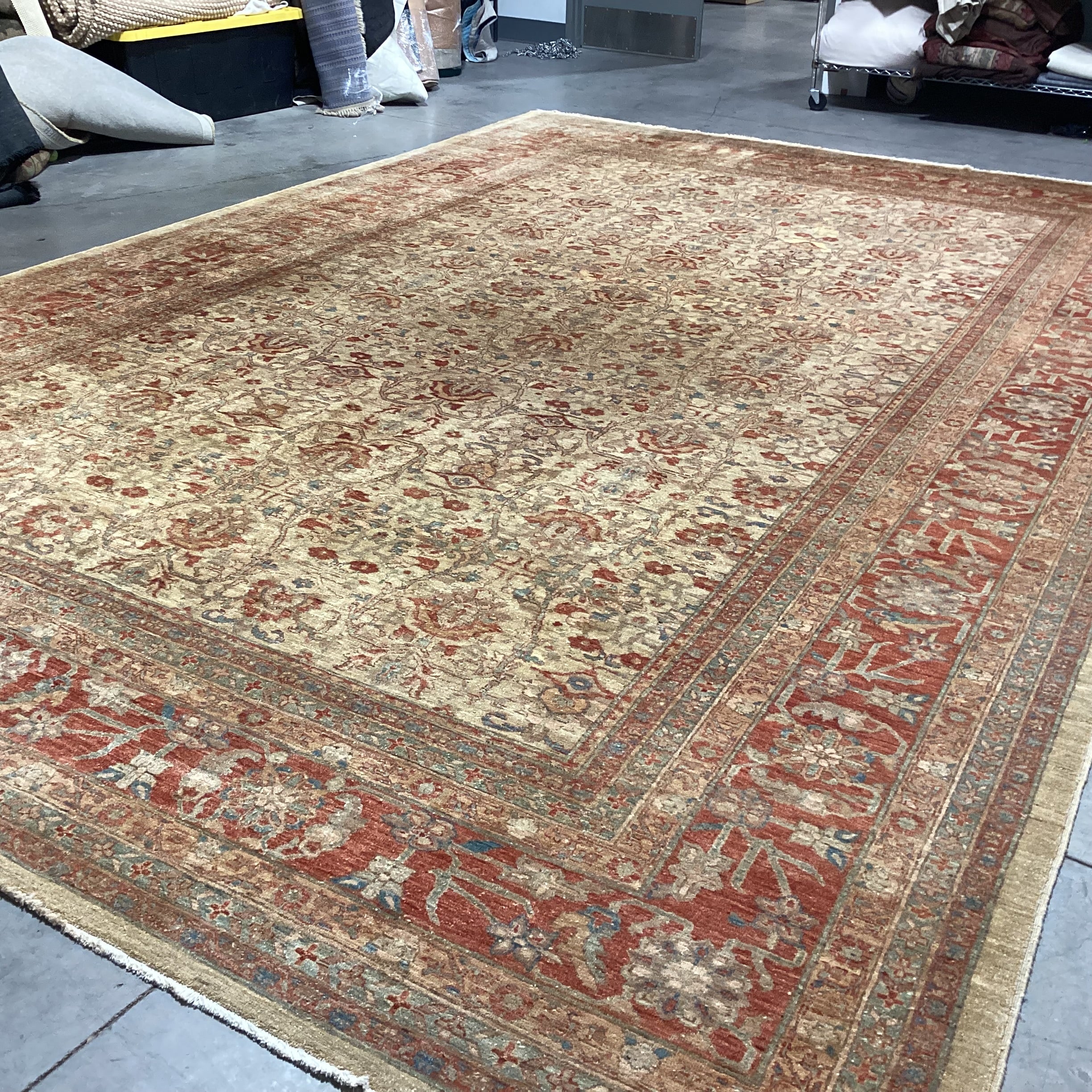 Golden Tan Rust & Blue Hand Woven Wool Rug 12'x 18'