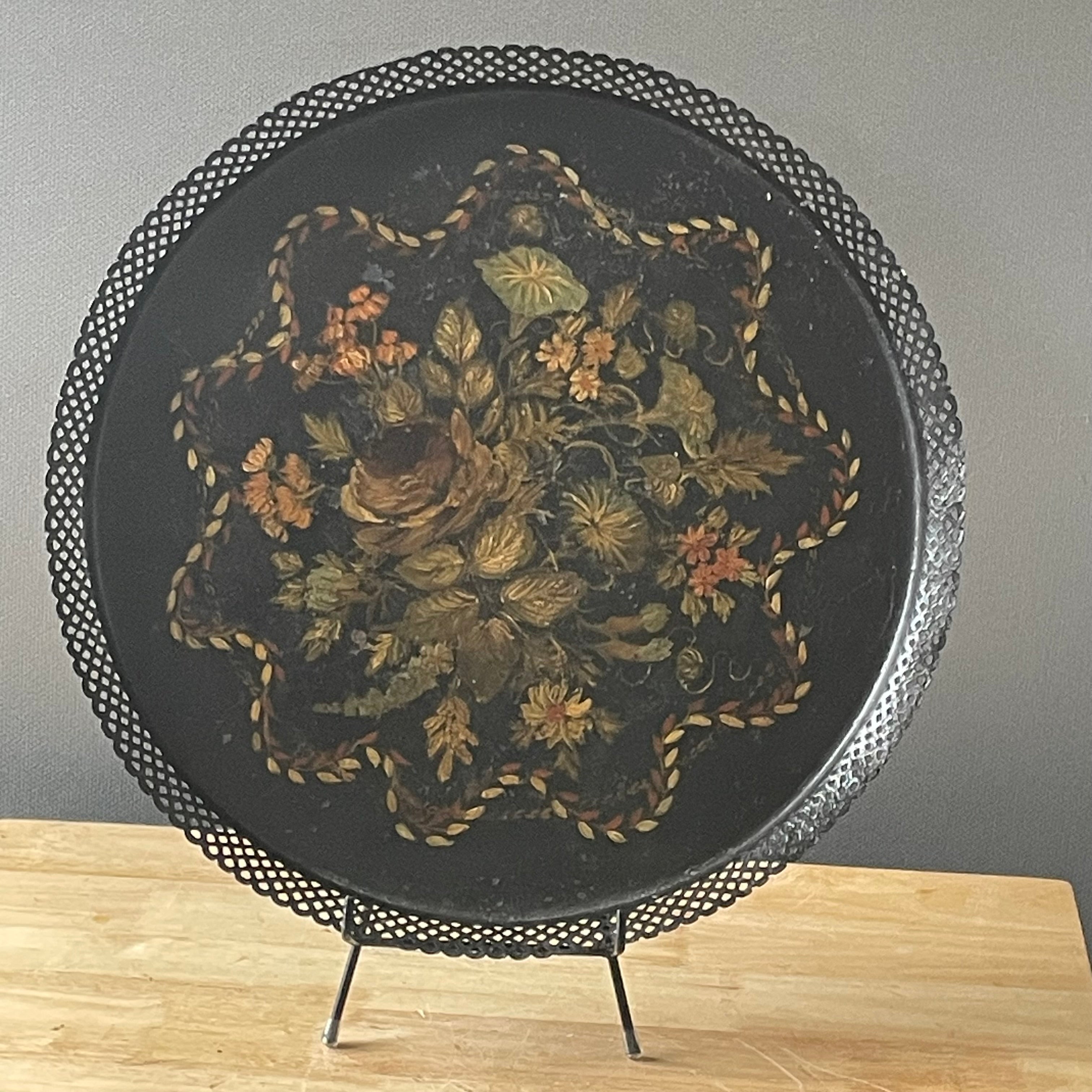 Antique Black Reticulated Edge Hand Painted Toleware Round Serving Tray, 17"x .75"