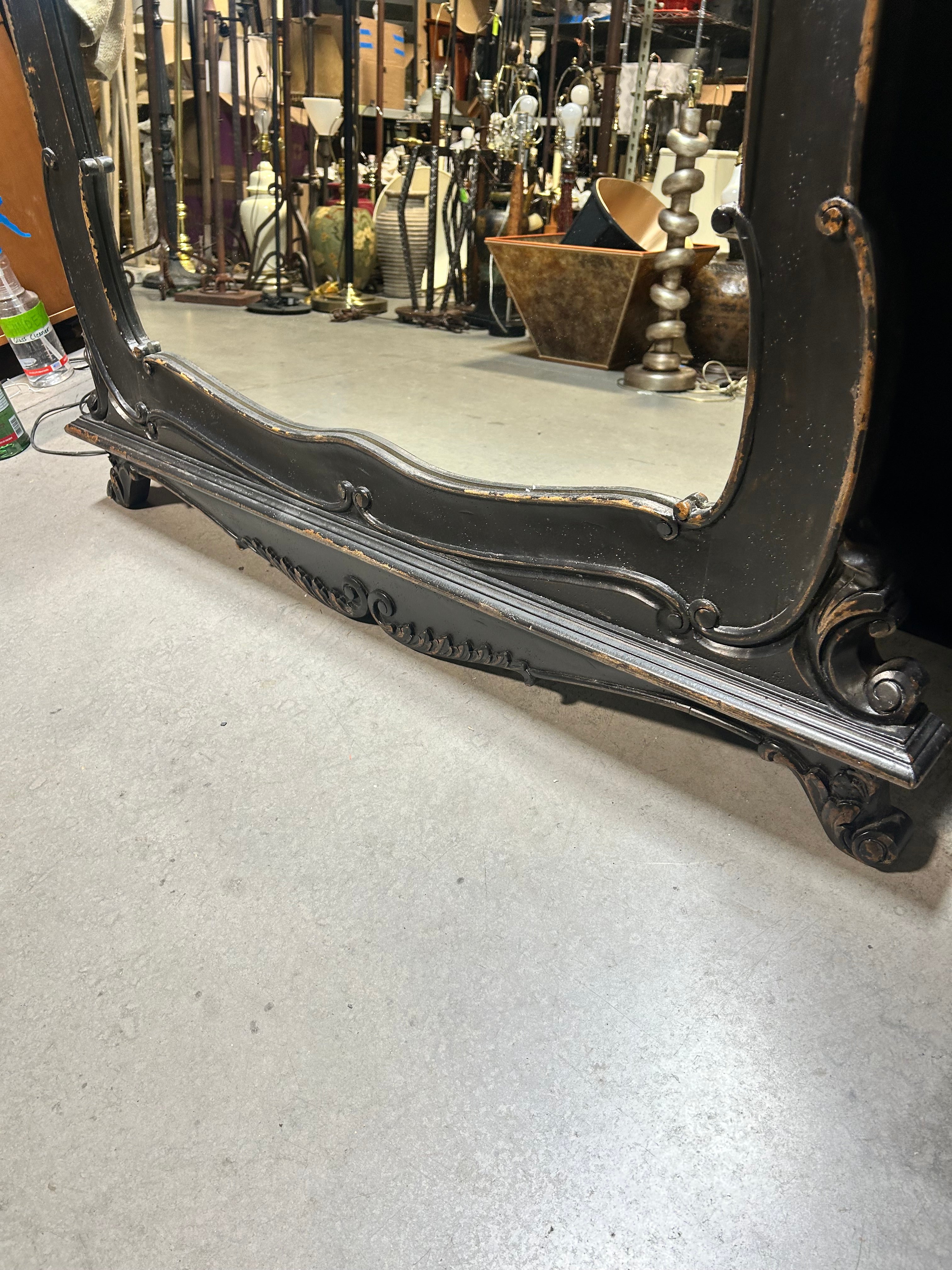 A French Louis XV Style Ornate Carved Blackened Finish 47.5"x 84" Mirror