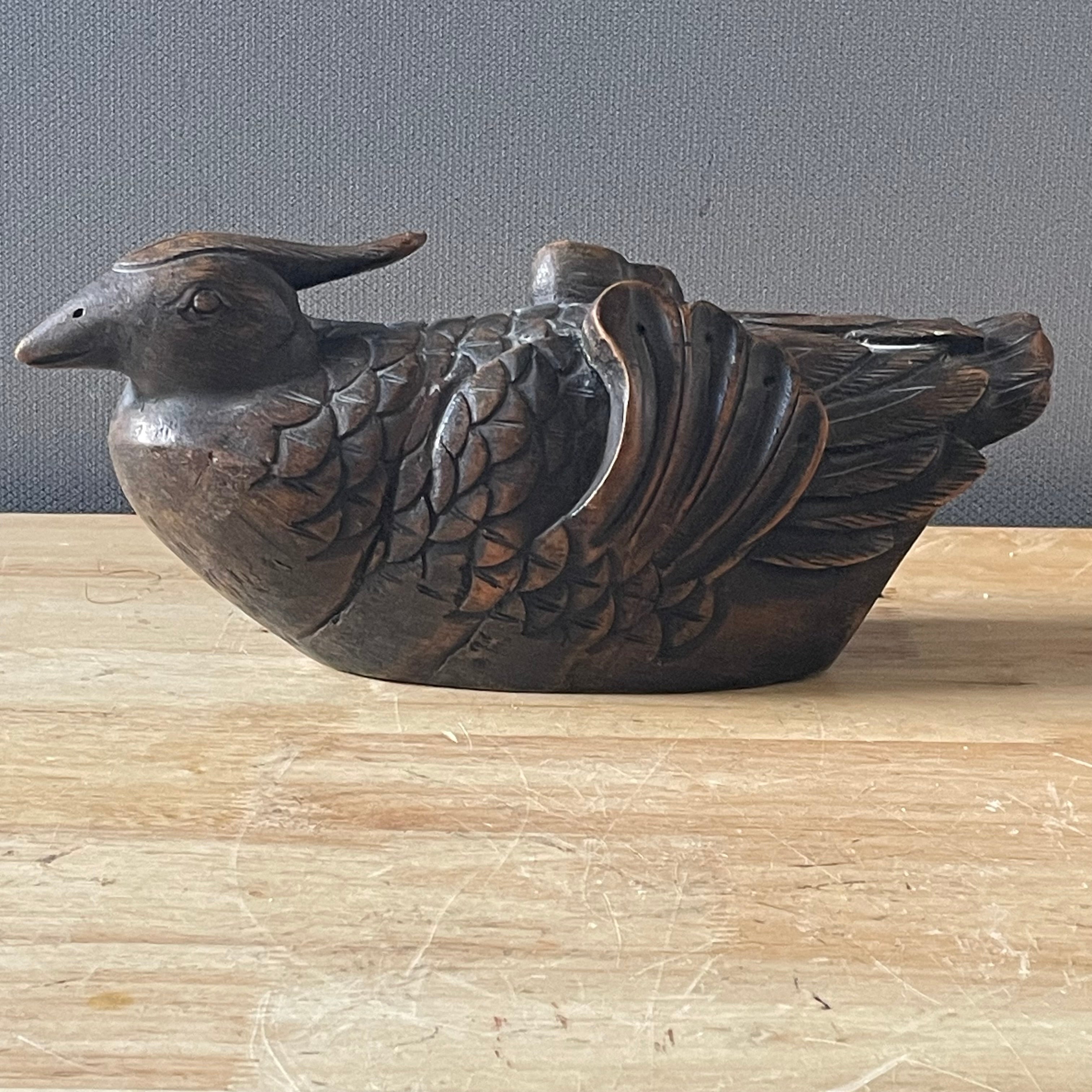 Antique Japanese Hand Carved Hardwood Mandarin Duck "Jizaikagi", or Hearth Hook, 11"x 4"x 5"