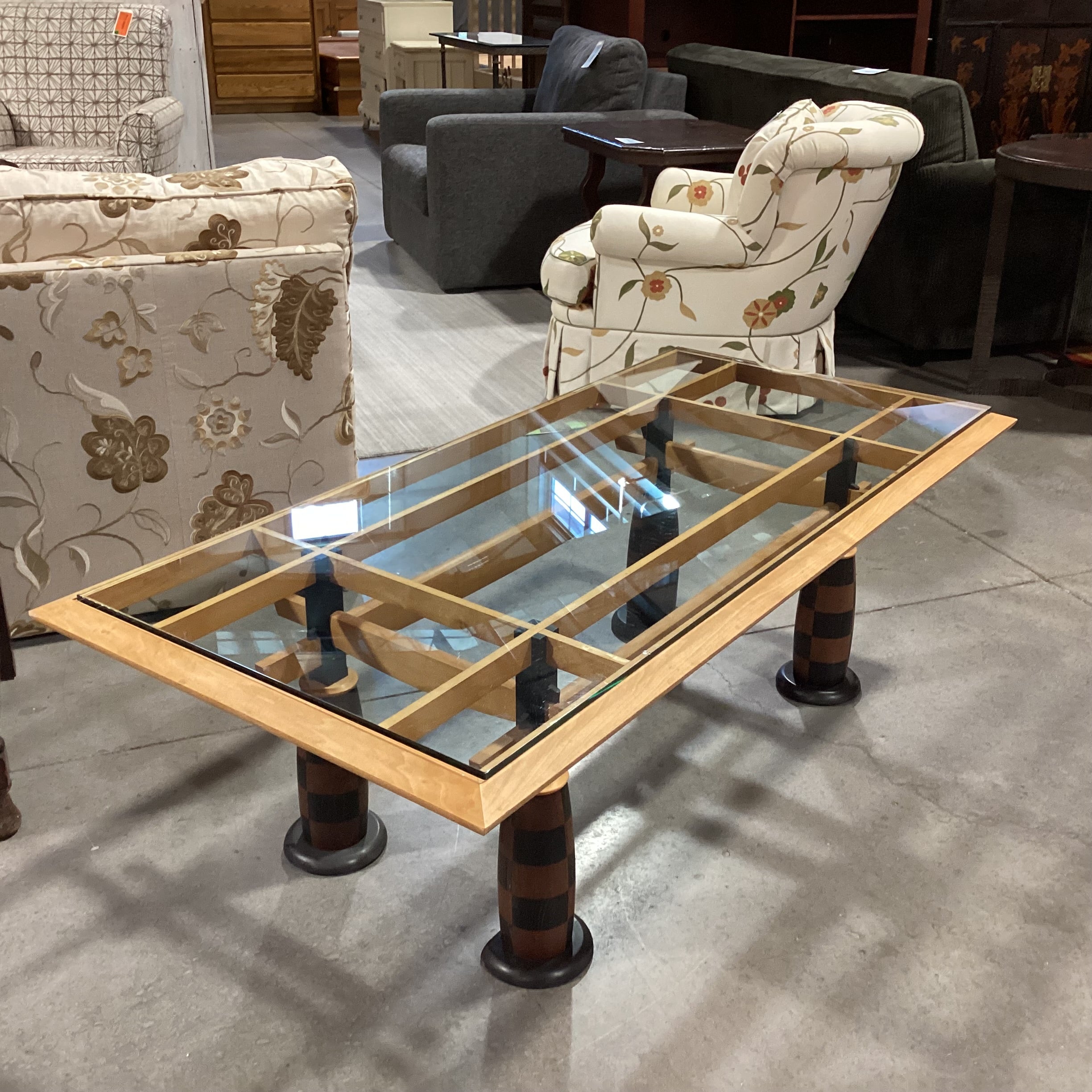 Vintage Mid Century Modern Wood & Glass with Checker Board Pattern Legs Coffee Table 59"x 28"x 19"