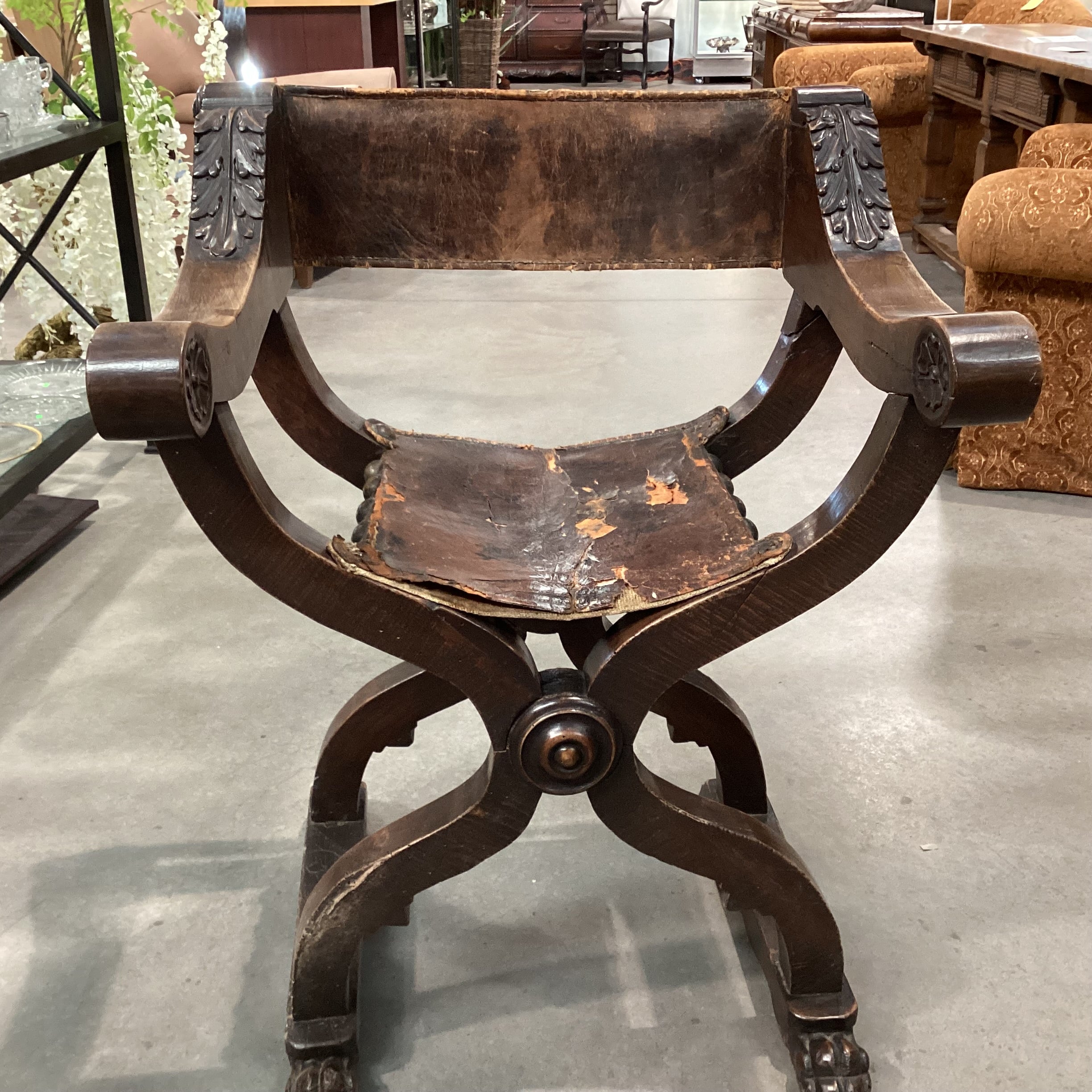 Antique Dantesque Carved Walnut & Leather Chair 27.5"x 20"x 35.5"