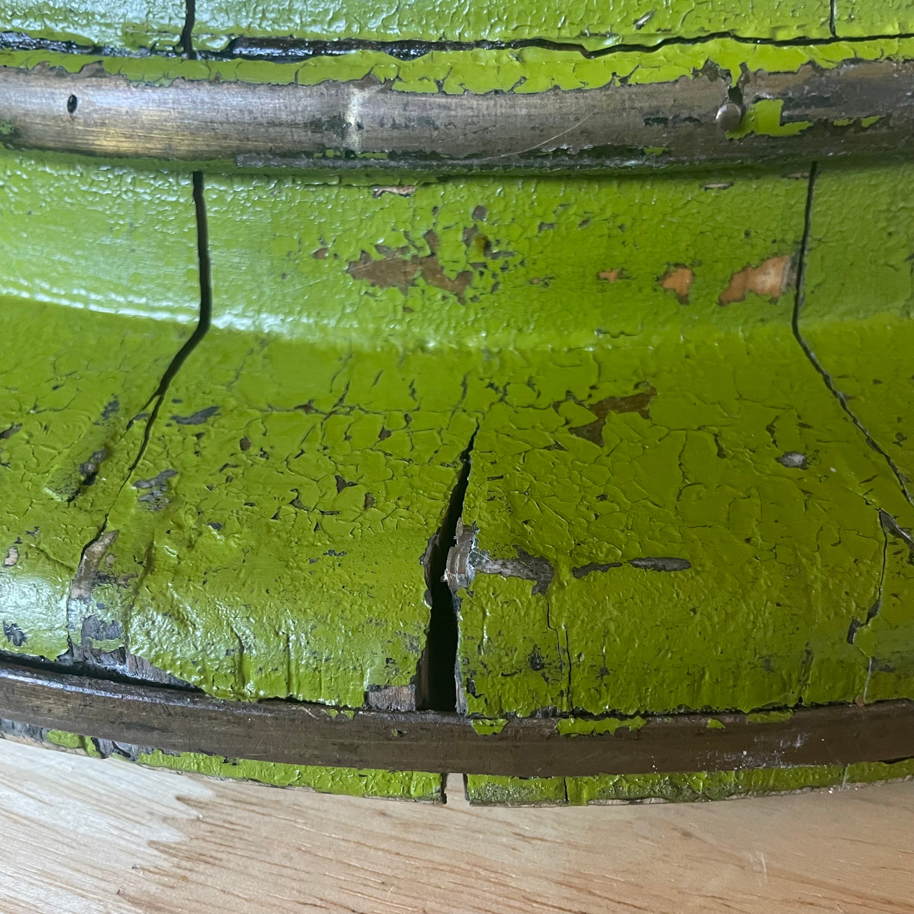 Antique Chinese Green Lacquer Wood, Metal Banded Wash Basin, 20.5"x 6"