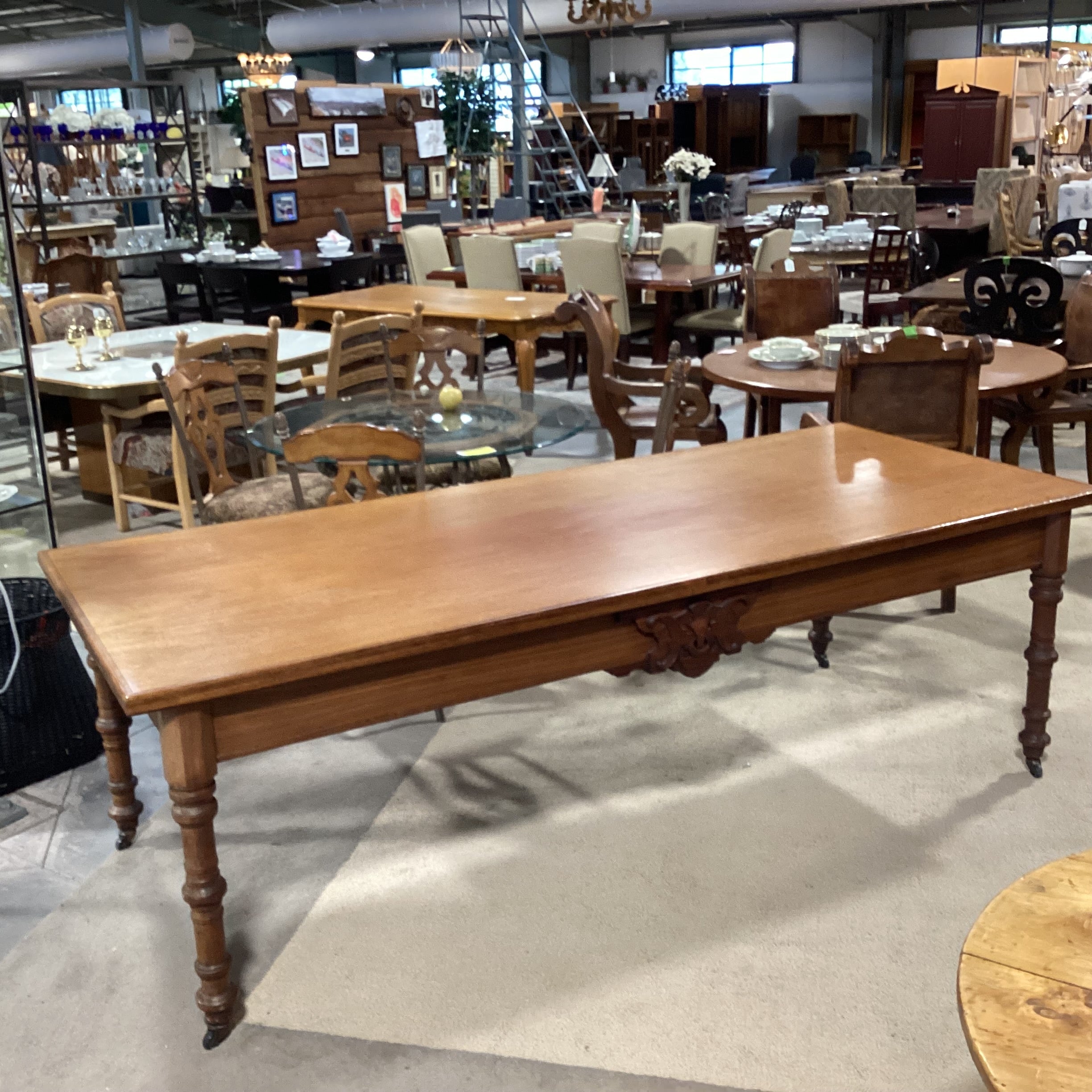 Antique Oak with Carved Detail on Casters Dining Table 98"x 42"x 32"
