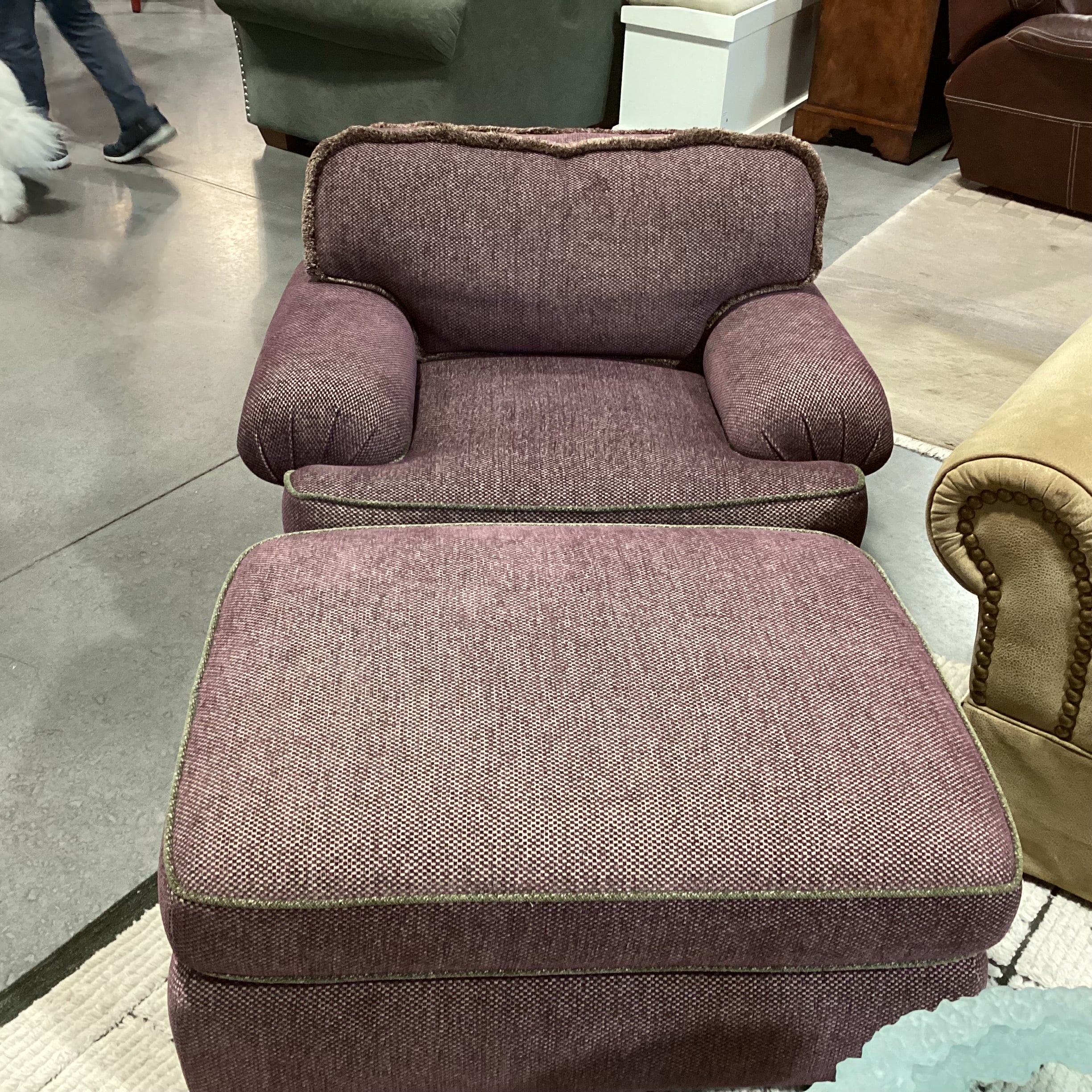 D. Langston Custom Purple & Cream Woven With Green Piping Down Mix With Ottoman Chair 40"x 36"x 28"