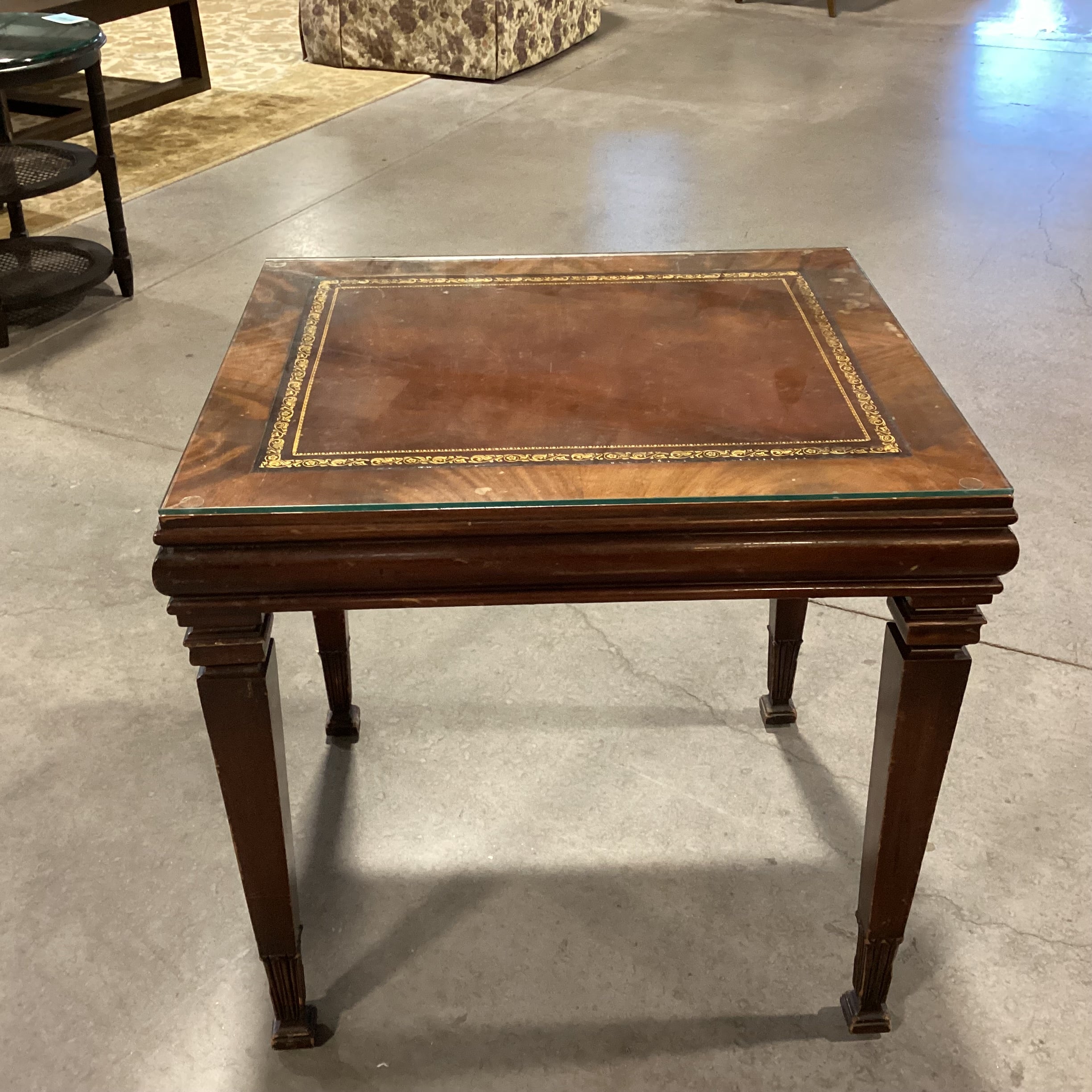 Vintage Finished Carved Wood Veneer Band & Inset Leather Glass Top End Table 27"x 23"x 27"