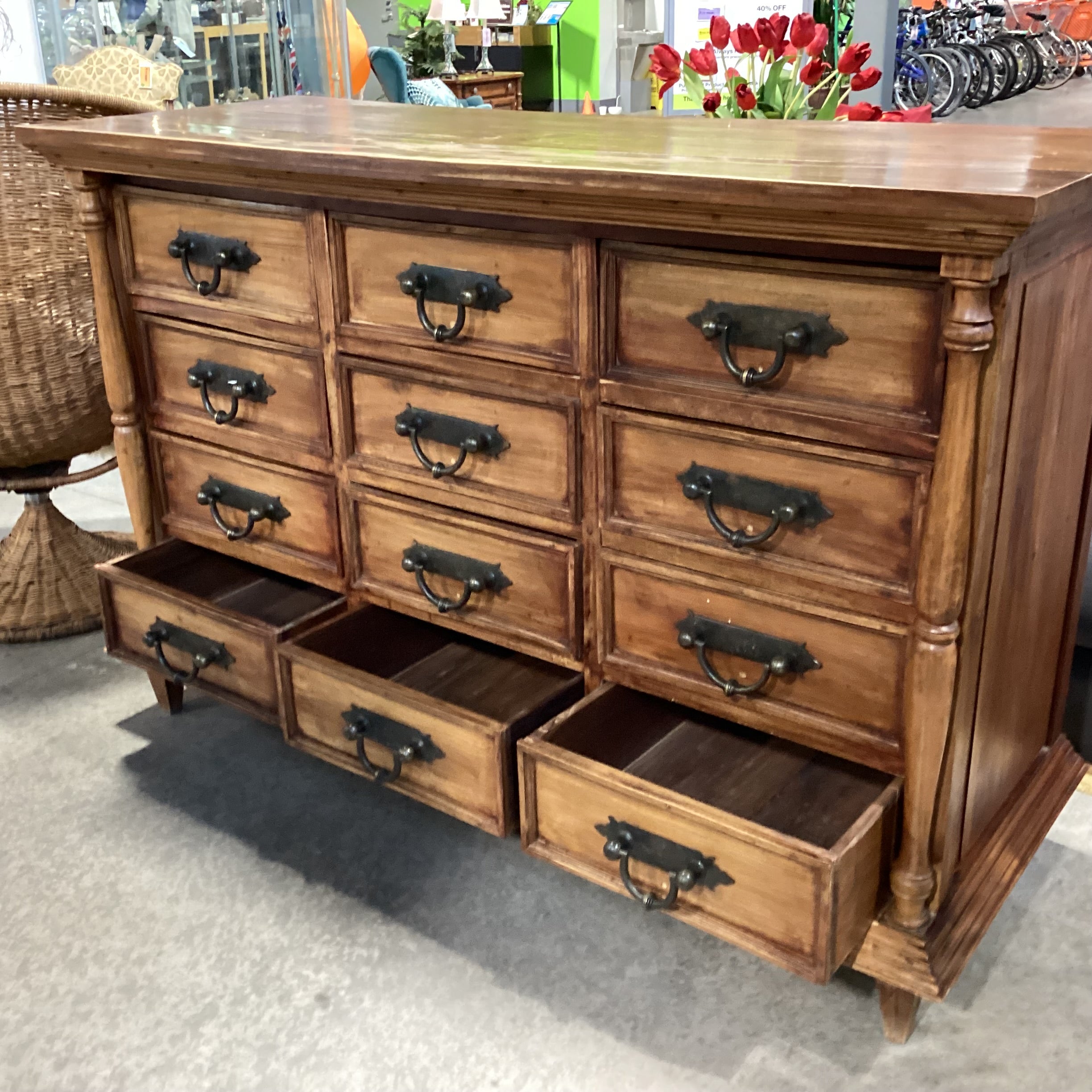 Solid Rustic Carved Wood & Iron 12 Drawer Dresser 68"x 26"x 45.5"