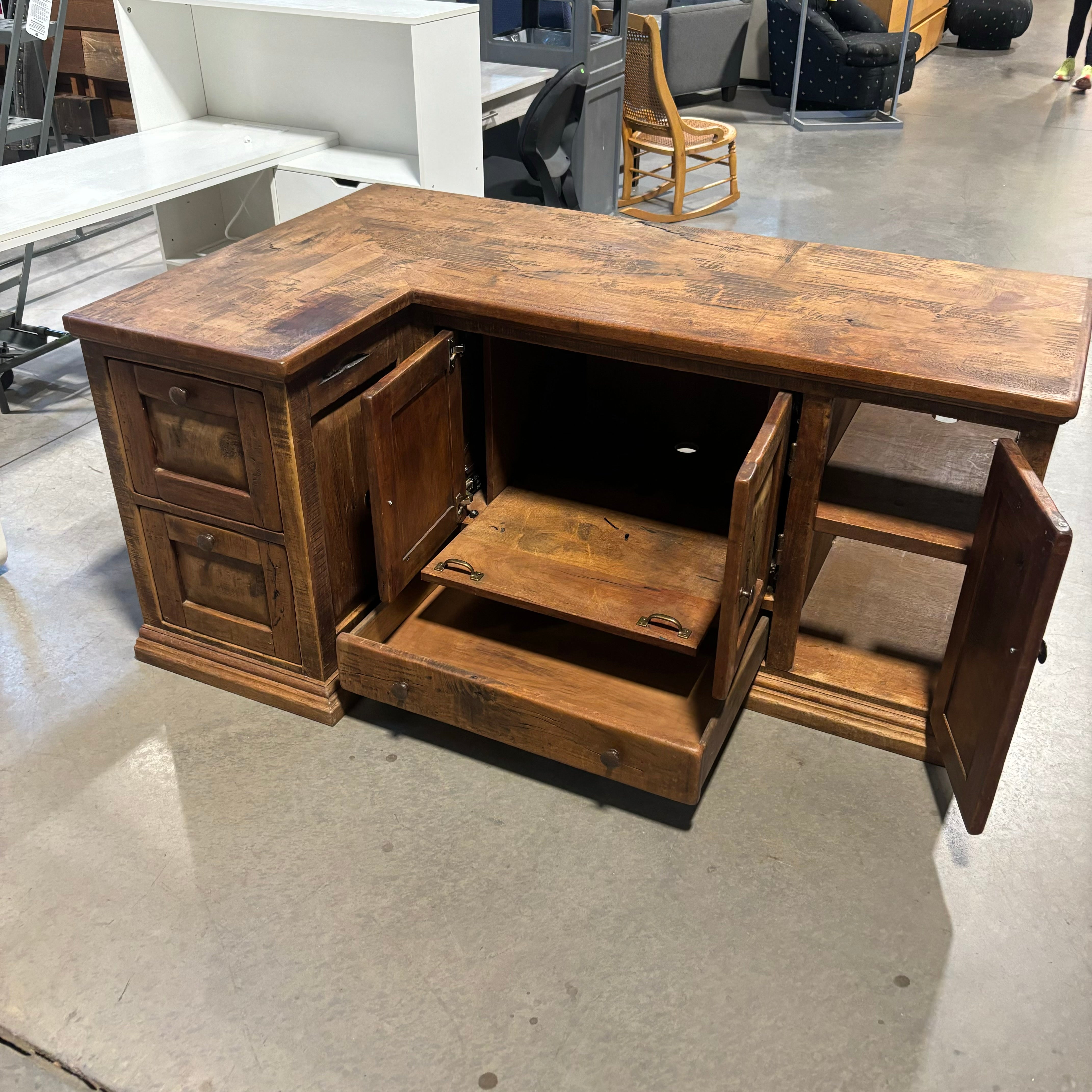 Custom Natural Distressed Wood with Iron Accents L Shaped Desk 66"x 41.5"x 30"