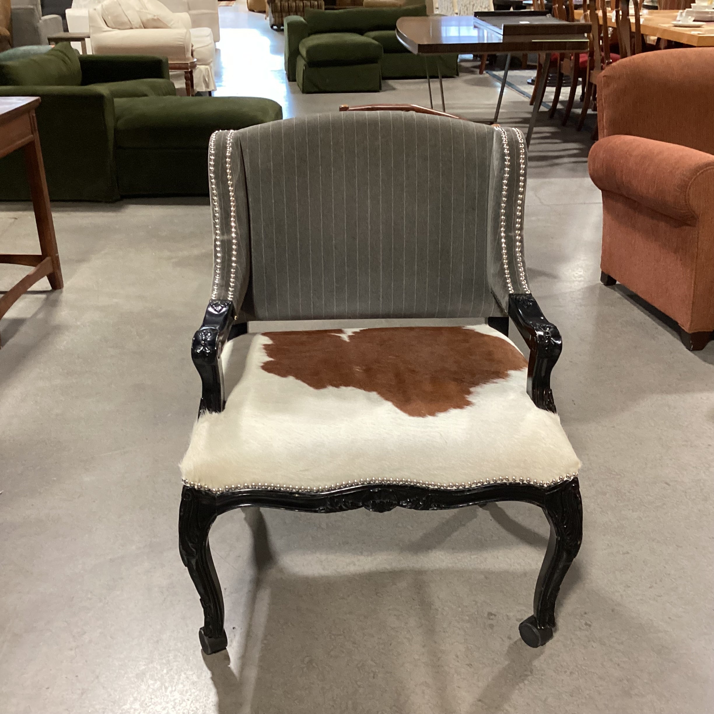 Carved Wood Cowhide & Grey Velvet Nailhead on Casters Chair 28"x 25"x 37"