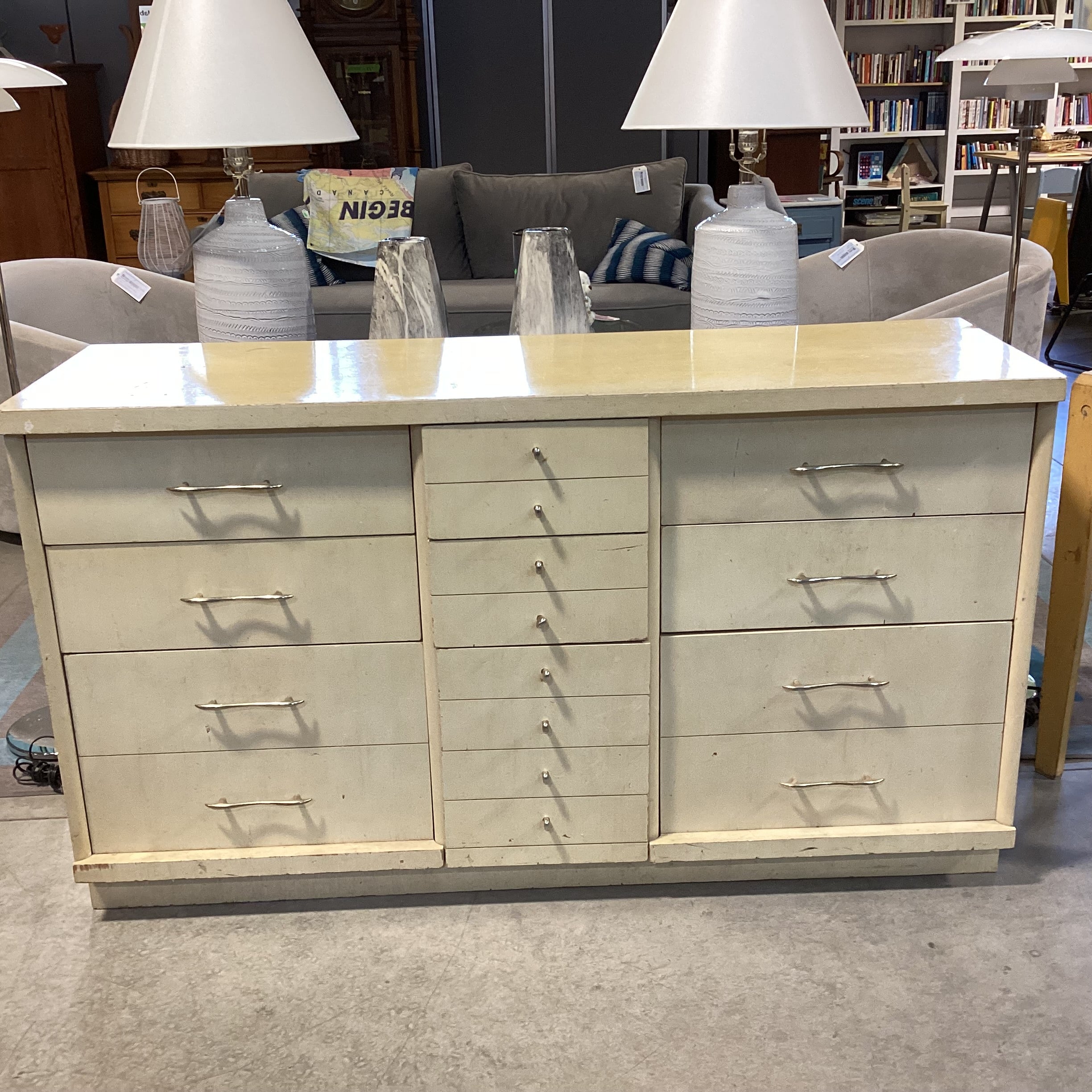 Mid Century Blonde Finish Wood 9 Drawer Dresser 58"x 18"x 33"