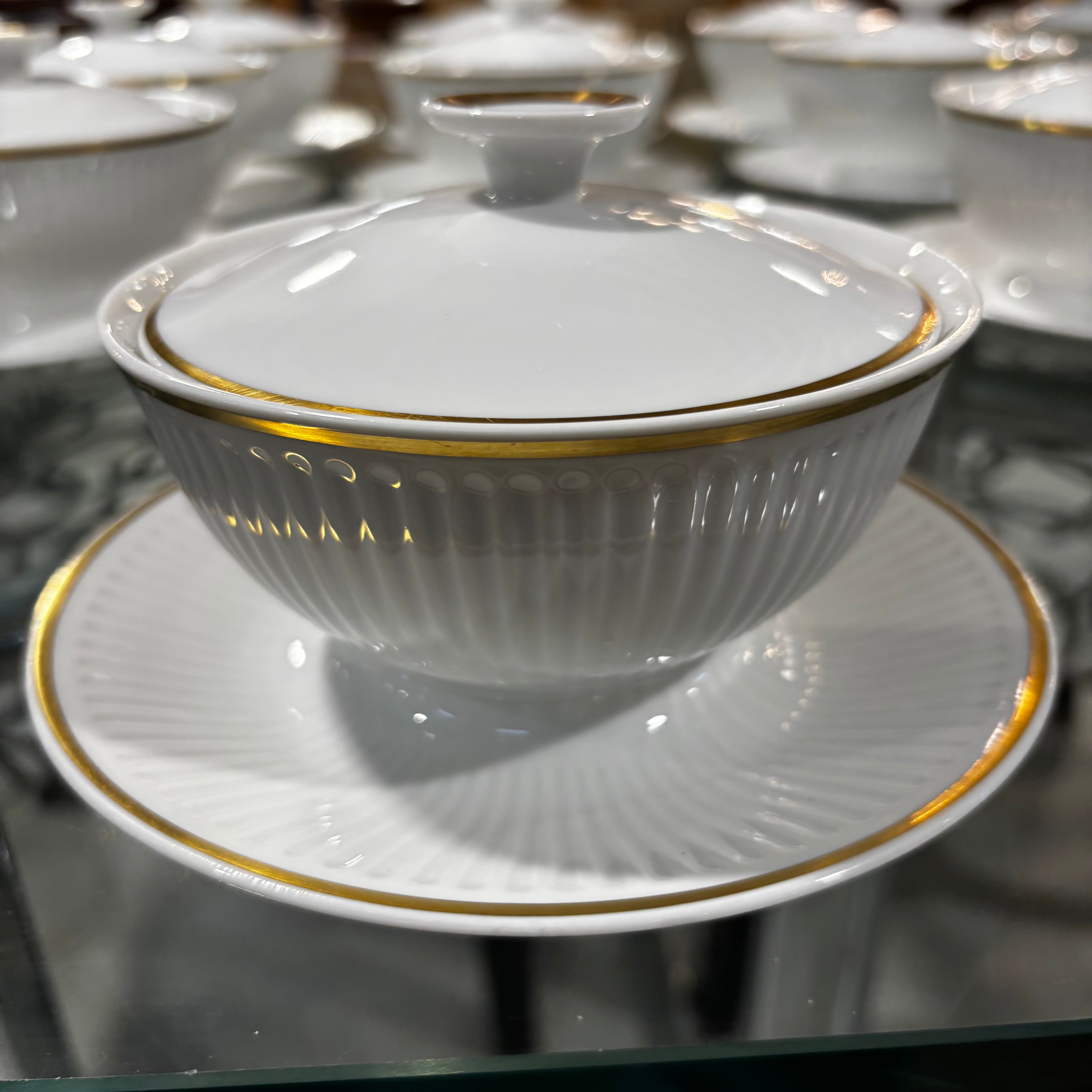 Set of 12 Antique Royal Copenhagen"Tunna" Lidded Consomme Bowls with Attached Under Plates White/Gold Trim #1277