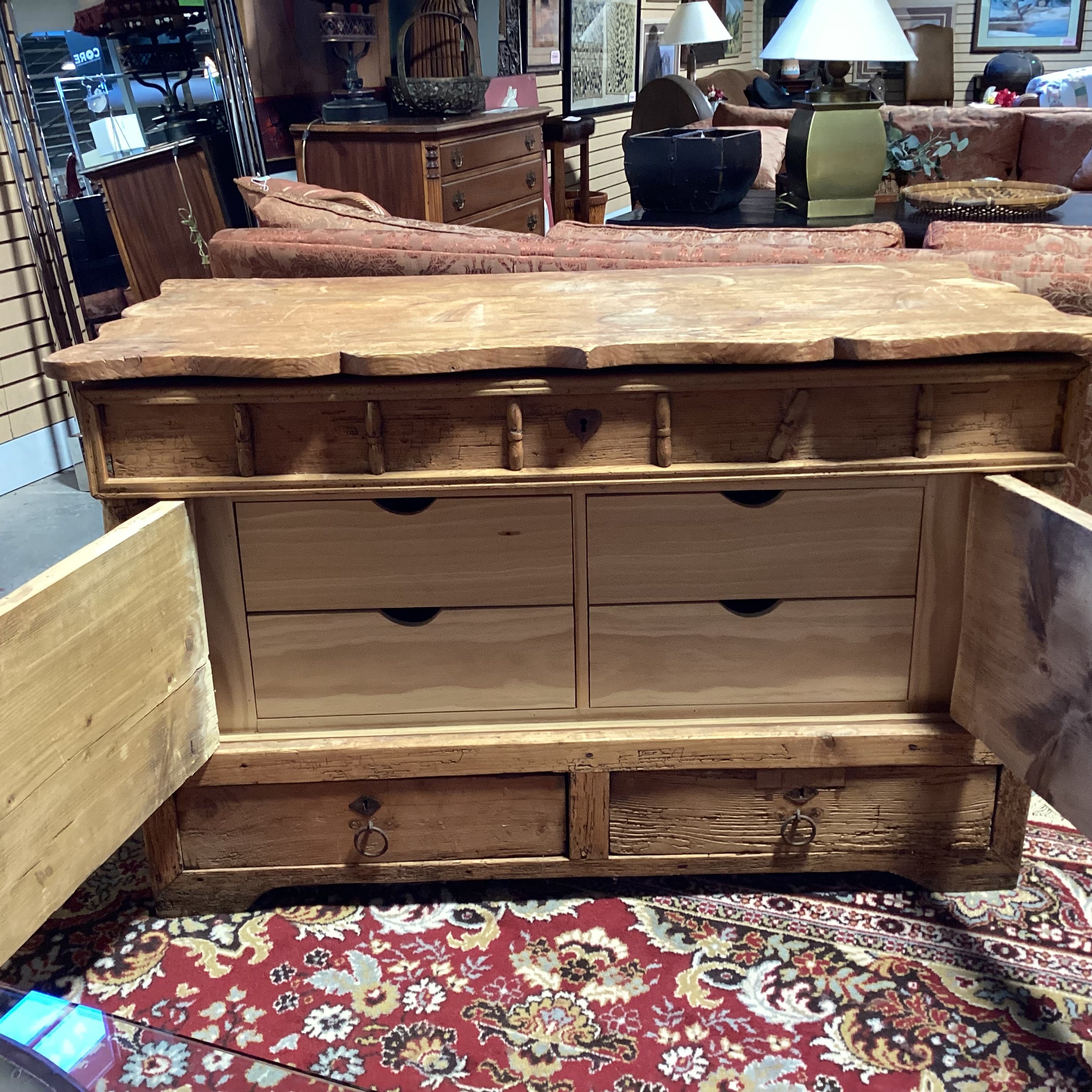 Antique Carved Pine with Repurposed Drawers Chest Trunk 52"x 28"x 33"