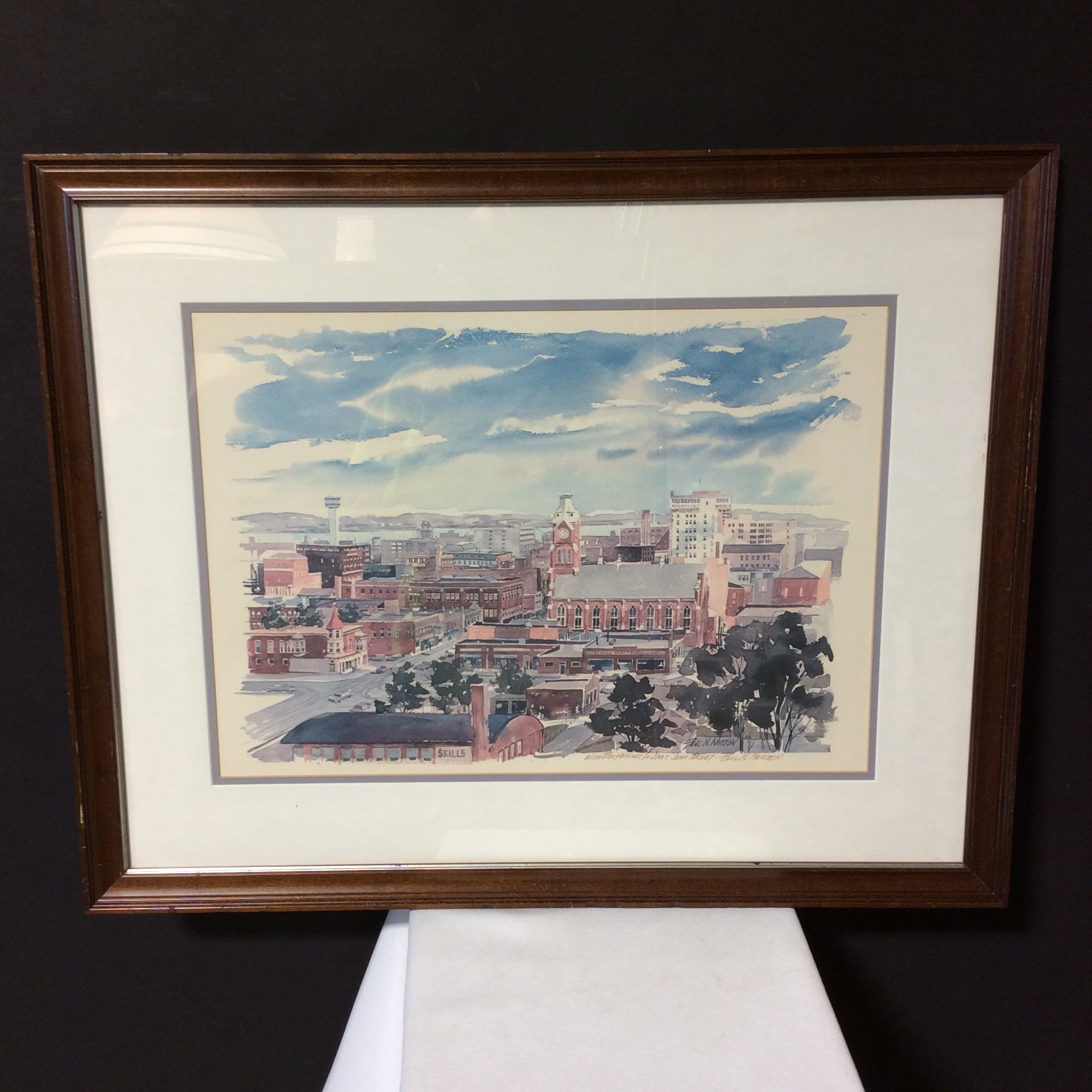 Paul N. Norton Signed Moline, Illinois Riverfront Watercolor Print In Wood Frame 29" x 23"