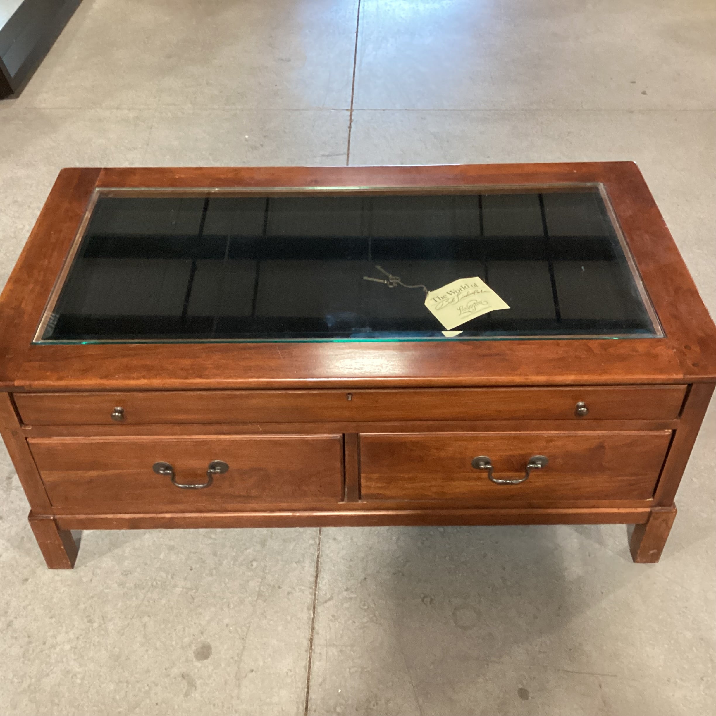 Bob Timberlake for Lexington Finished Wood & Glass Top Double Sided Pull Through Drawers Display Coffee Table 44"x 24"x 19"