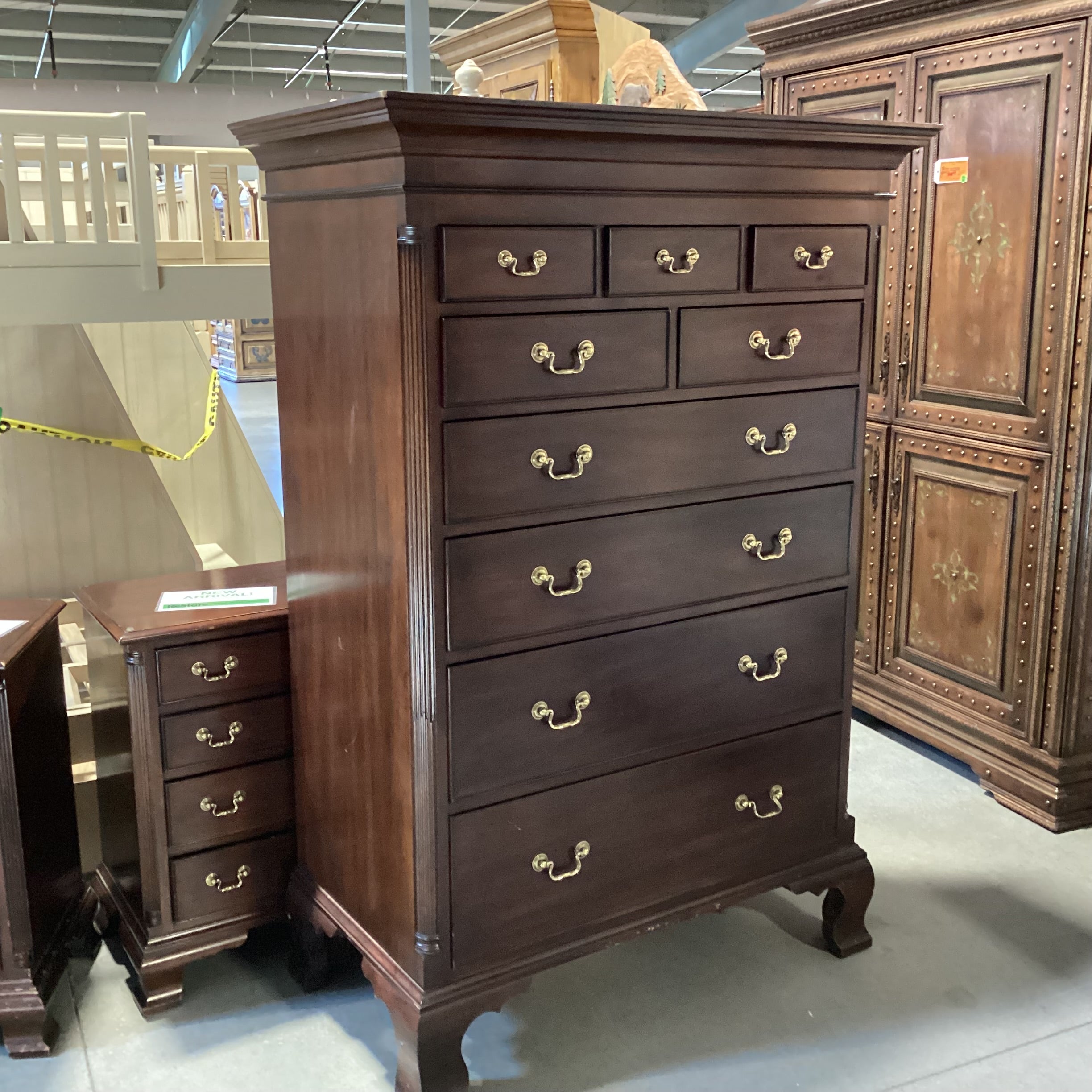 Henkel-Harris Dark Finish Carved Wood 9 Drawer Gentlemans Chest 45"x 24"x 65.5"