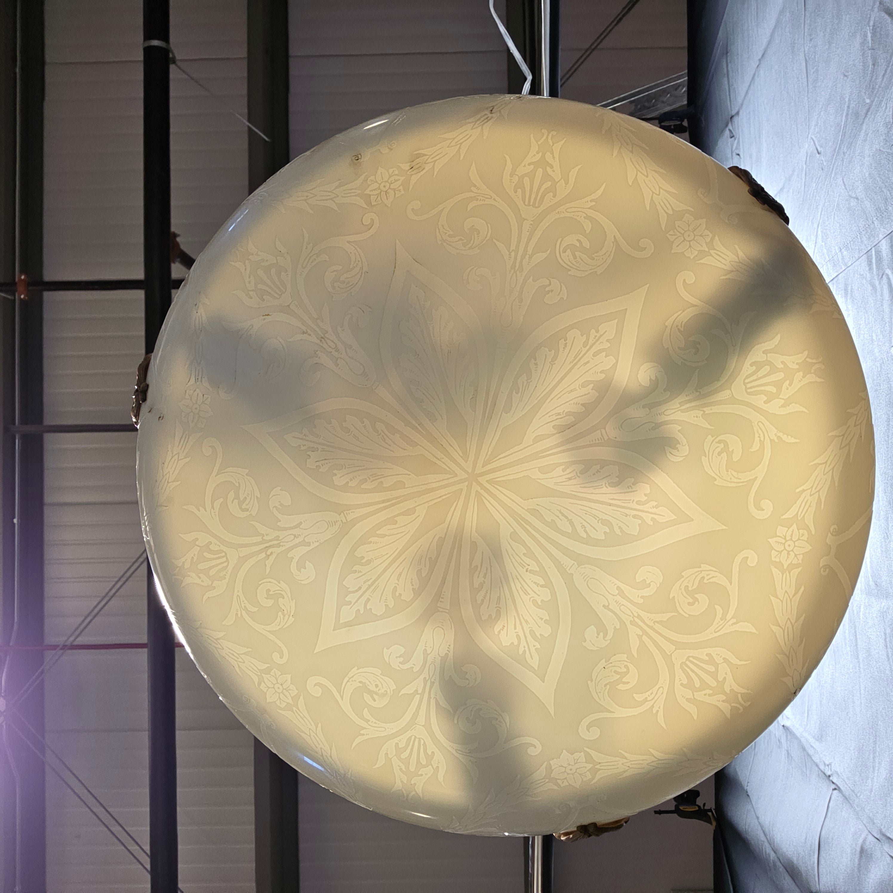 Circa 1920's - 1930's Antique Neoclassical Milk Glass Three Light Chandelier/Pendant 16.5"Dx21"