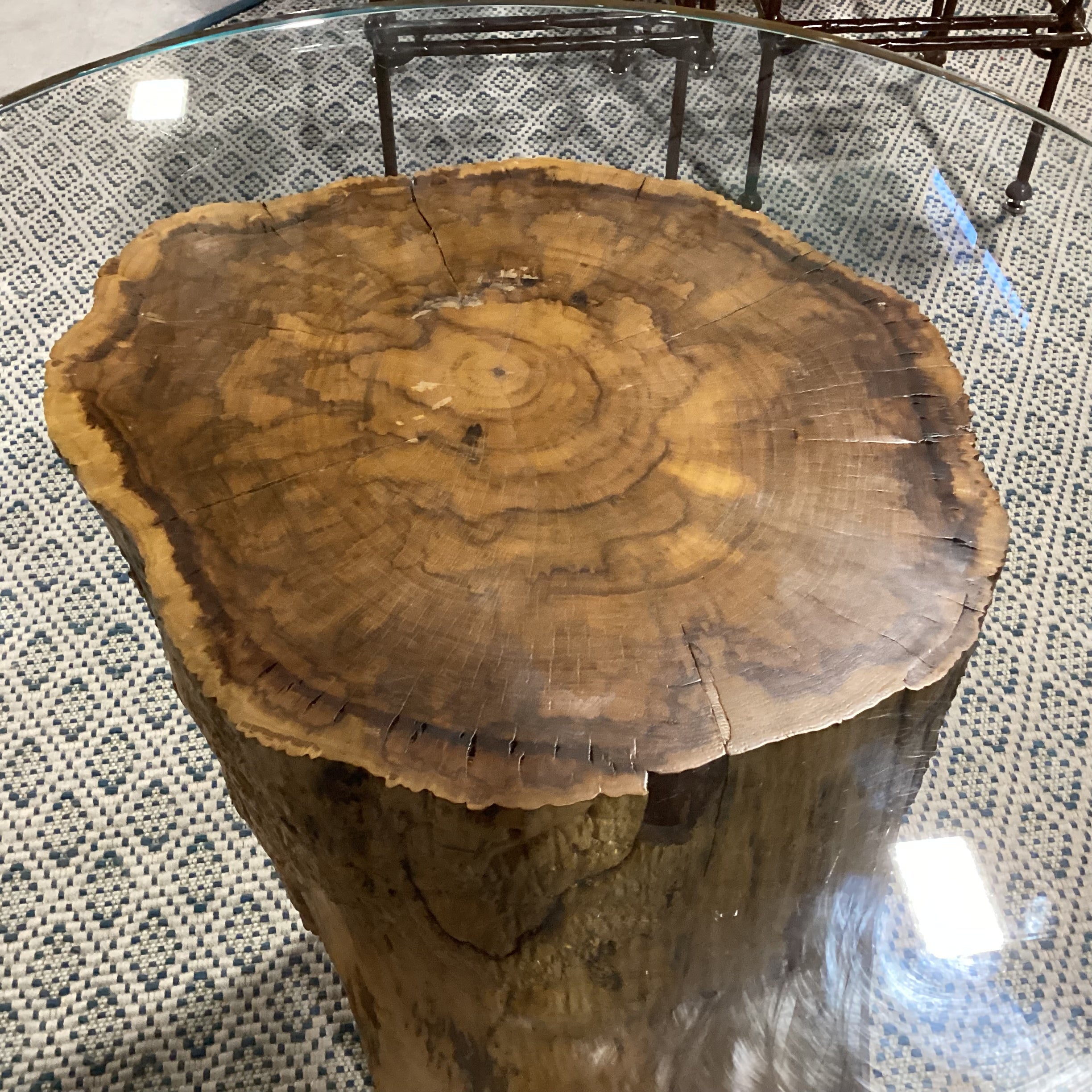Solid Log Stump with Round Thick Glass Dining Table 38" Diameter x 29"