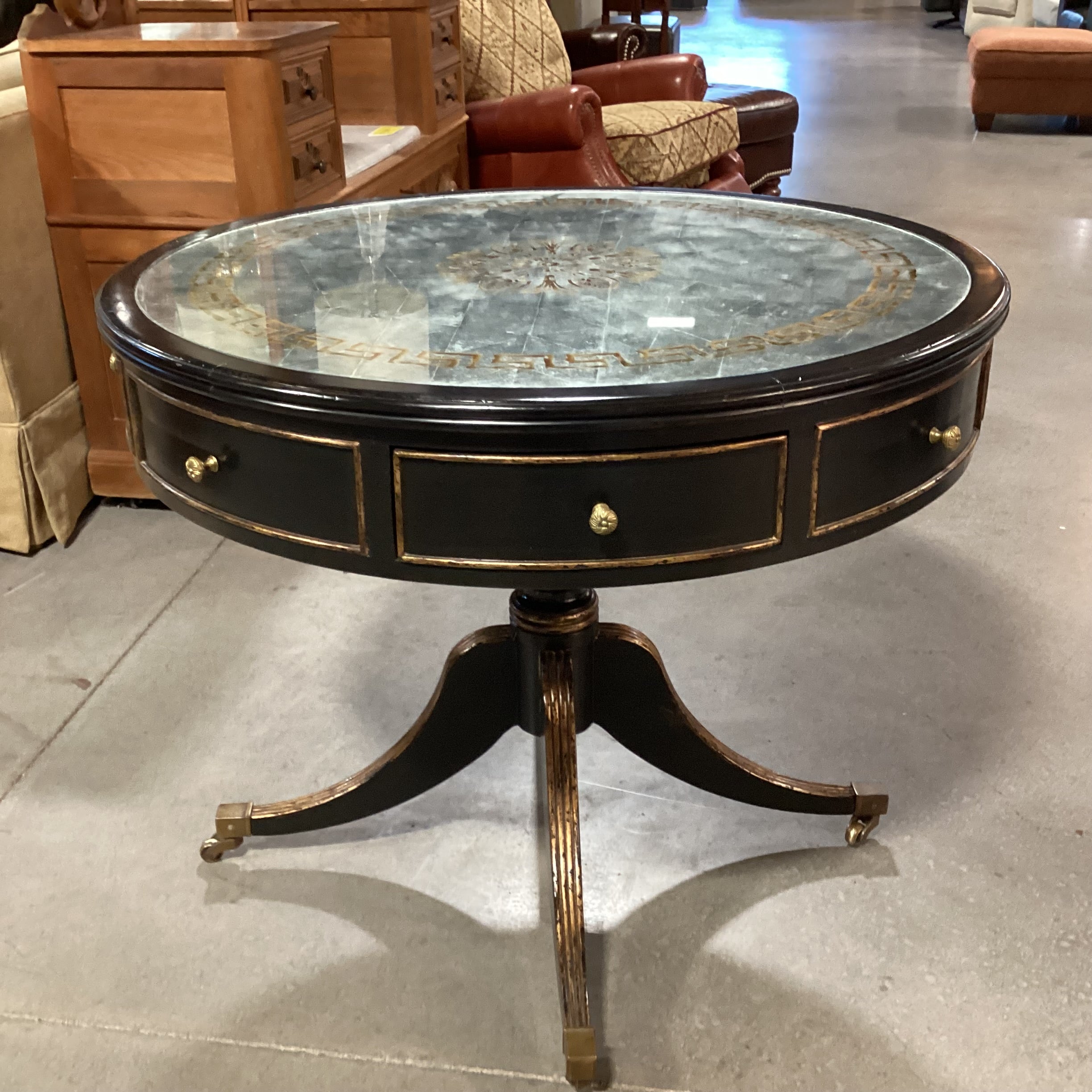 Black Gilded Gold Accent Wood & Gold Silver Antiqued Glass Top 4  Drawer with Casters Accent Table 37" Diameter x 30.5"