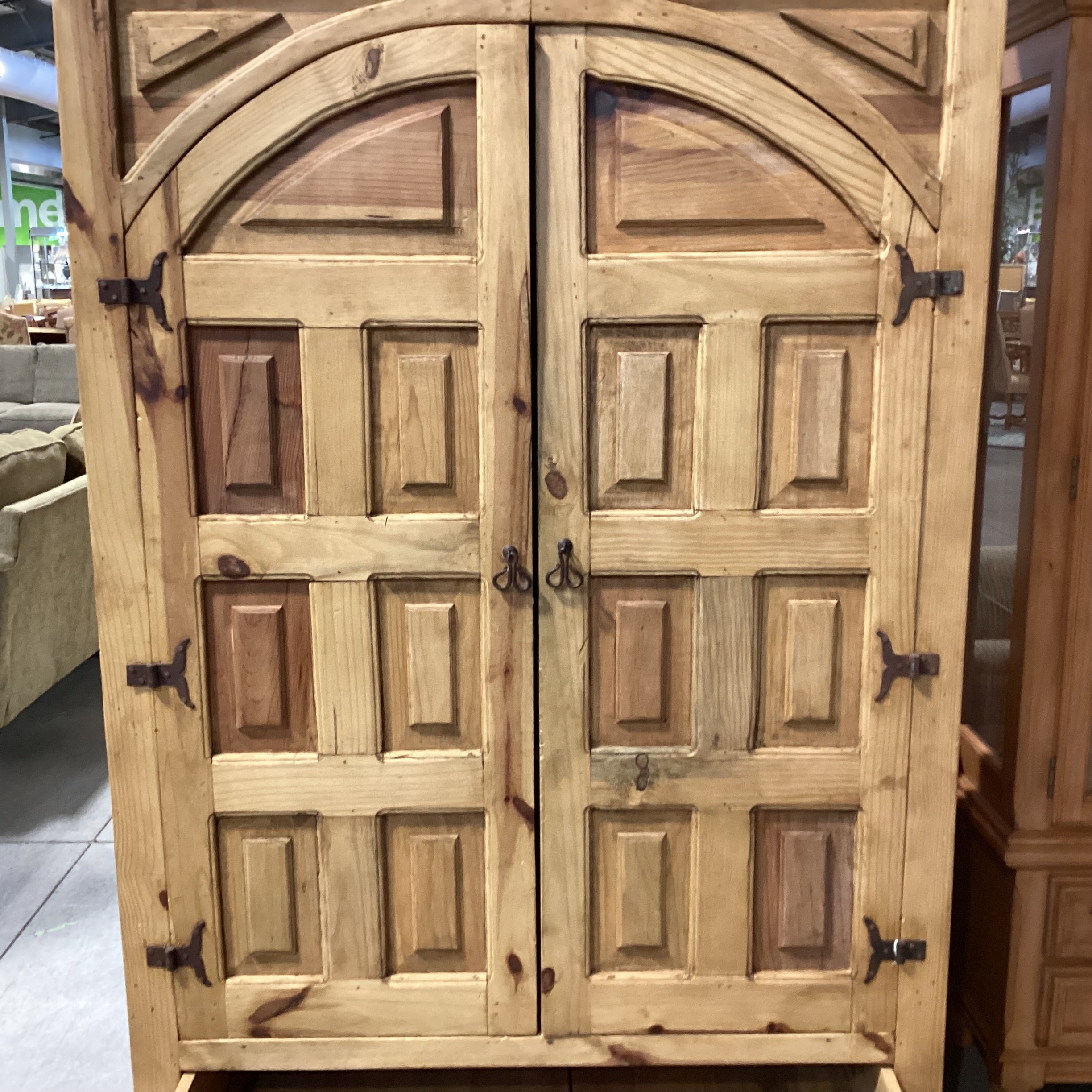 Rustic Carved Solid Natural Pine 2 Arched Door with Shelves & Bottom Drawer Armoire 52"x 26"x 80"