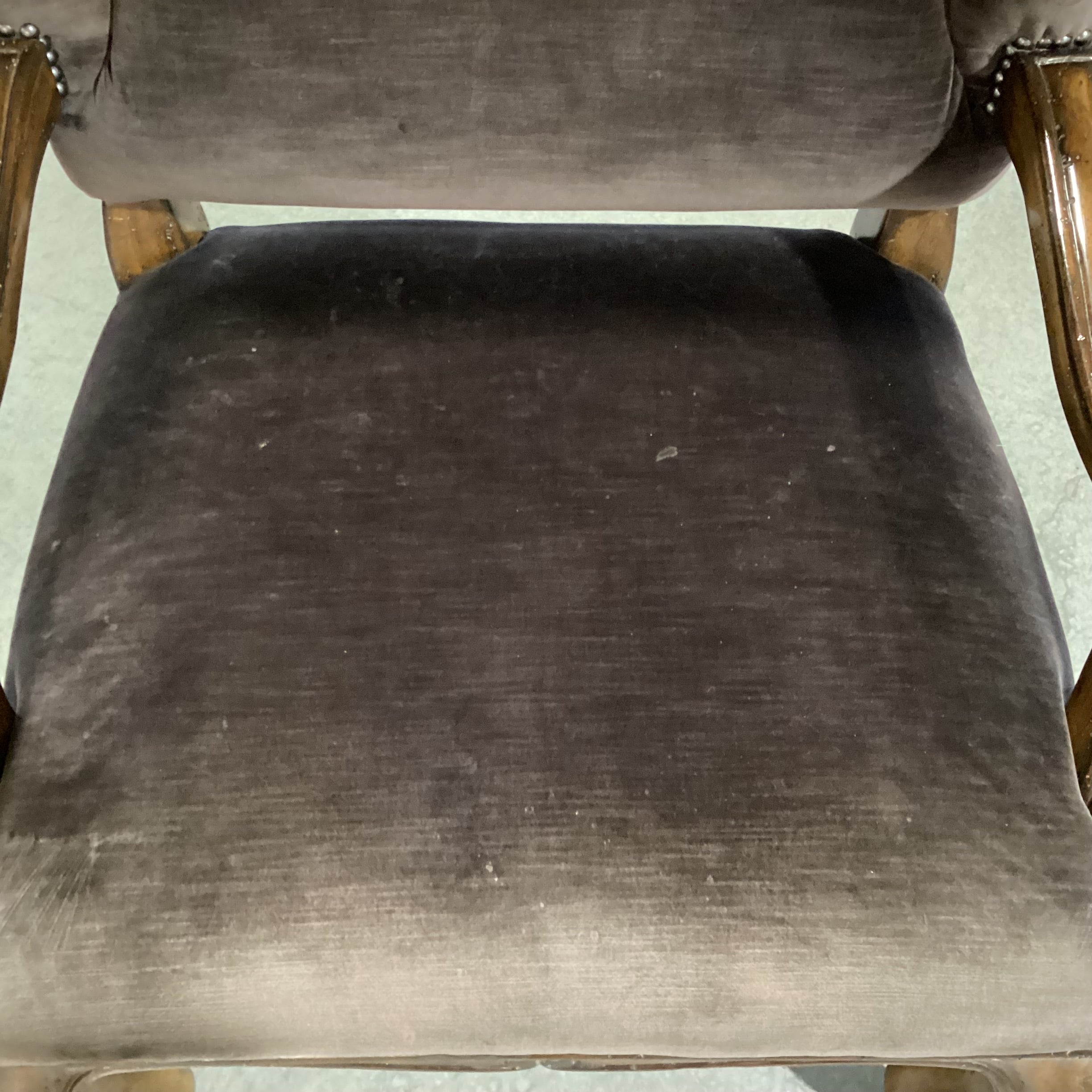 Ornate Carved Wood Dark Brown Velvet Nailhead & Cowhide Back Wing Chair 29"x 28"x 49"